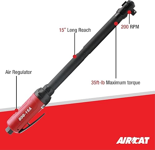 Miniatura 2 de AIRCAT Herramientas neumáticas 808-15-A Trinquete de largo alcance de 15.3 pulgadas, 200 RPM, 35 ft-lbs Par máximo - 38 pulgadas