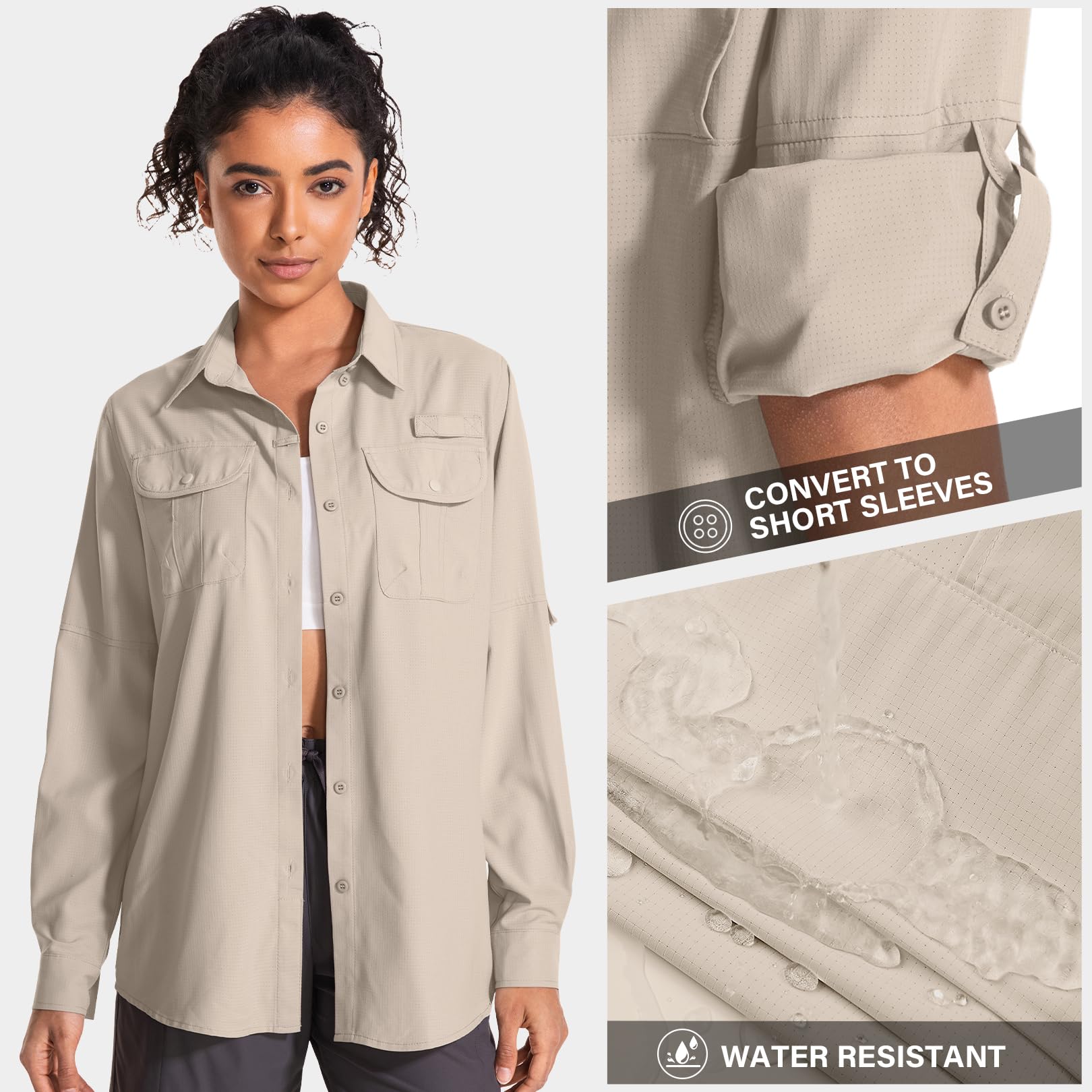 Langärmeliges Sonnenshirt für Damen, LSF 50, Safari, Wandern, Angeln, schnelles Selbermachen, UV-Schutz, Knopfleiste, Reise-Shirt für Gartenarbeit