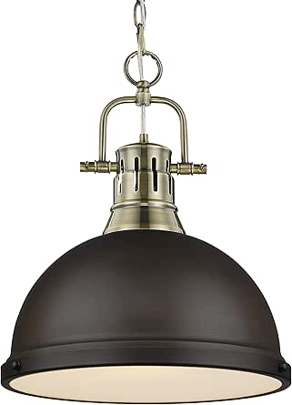Golden Lighting Duncan 1-Light Pendant with Chain in Aged Brass with Rubbed Bronze