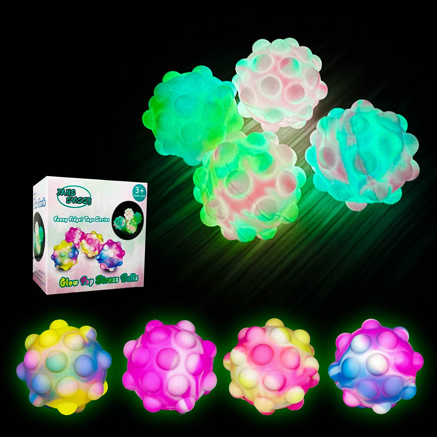 4 Pcs Glow in The Dark Pop Ball Fidget 