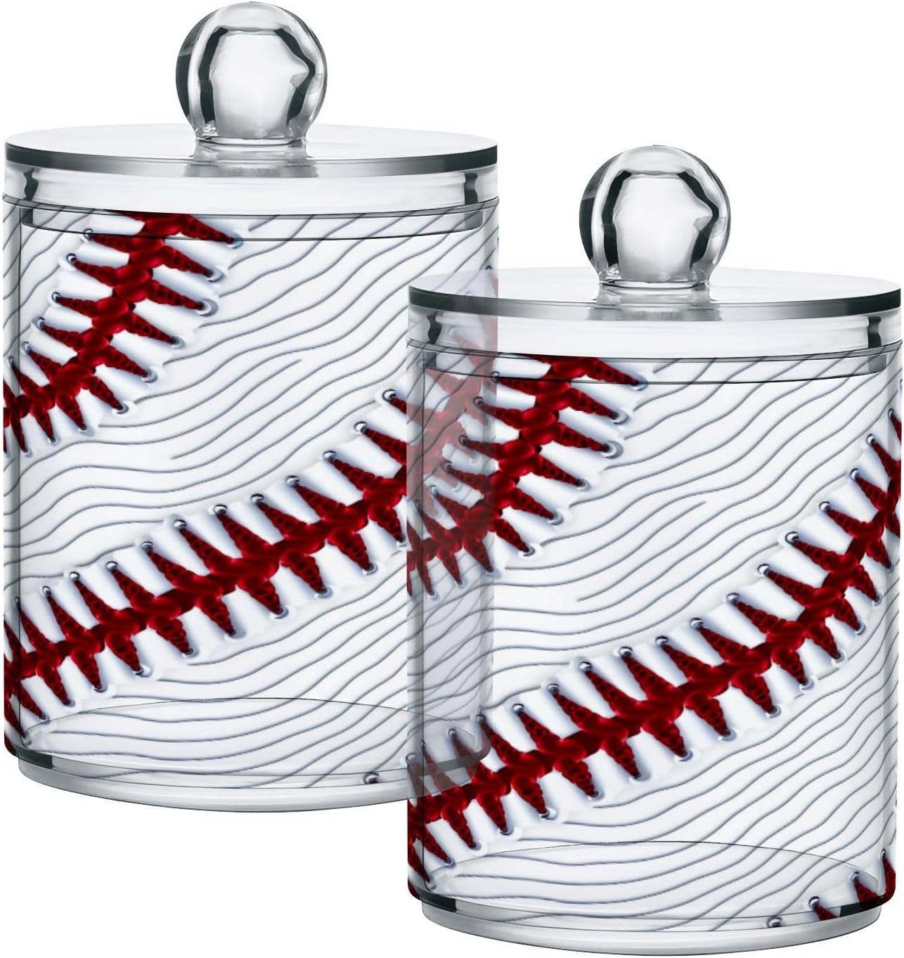 ATTX Sport Baseball Print Qtip Holder Dispenser for Cotton Ball, Cotton Swab,Plastic Clear Apothecary Jar, Home Décor Kitchen Storage Jar,2 Pack