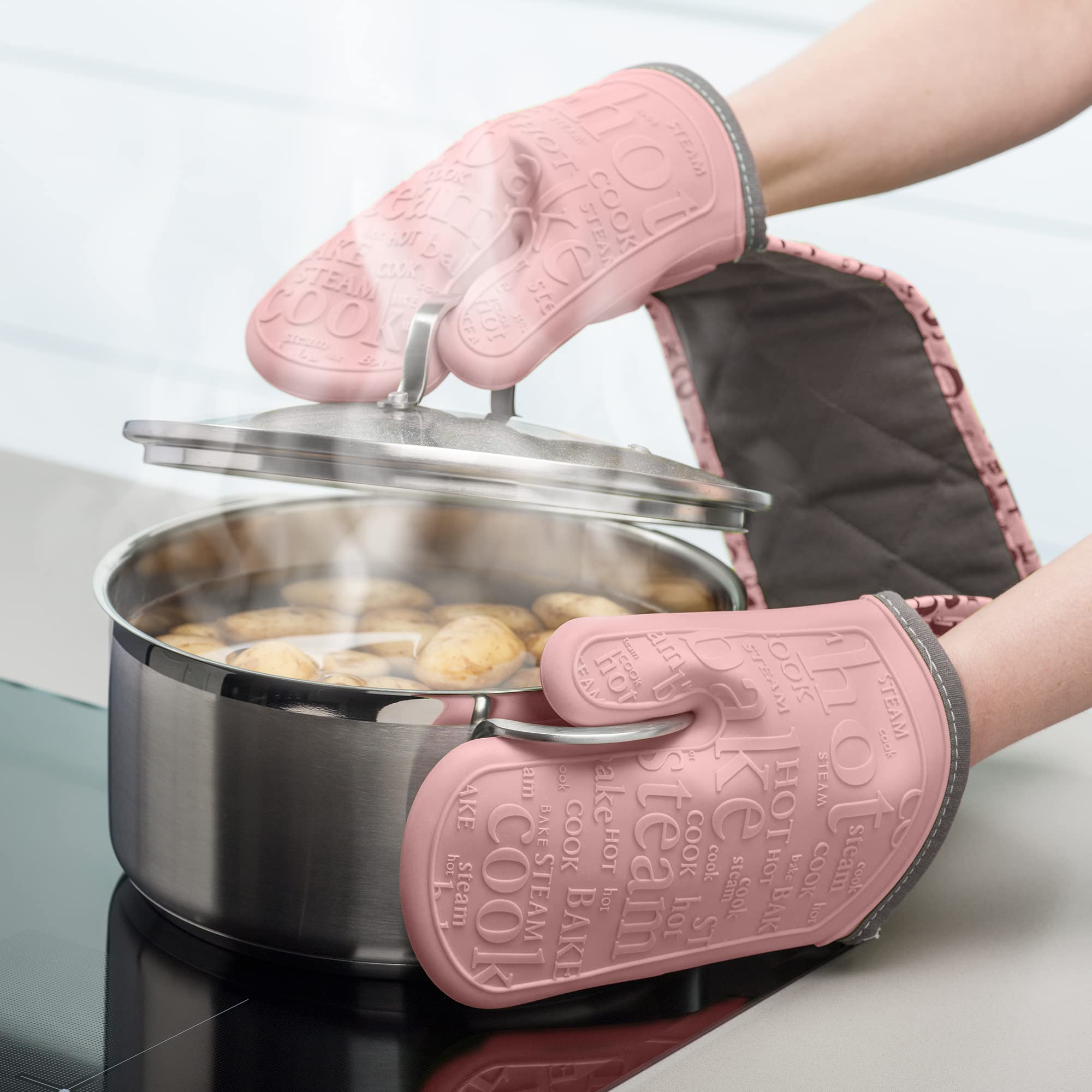Zeal Doppelte Ofenhandschuhe aus Silikon, hitze-, dampf- und wasserbeständige Handschuhe mit gestepptem Stoff innen, Rutschfester Griff, perfekt zum Kochen und Backen, maschinenwaschbar, Rose Pink