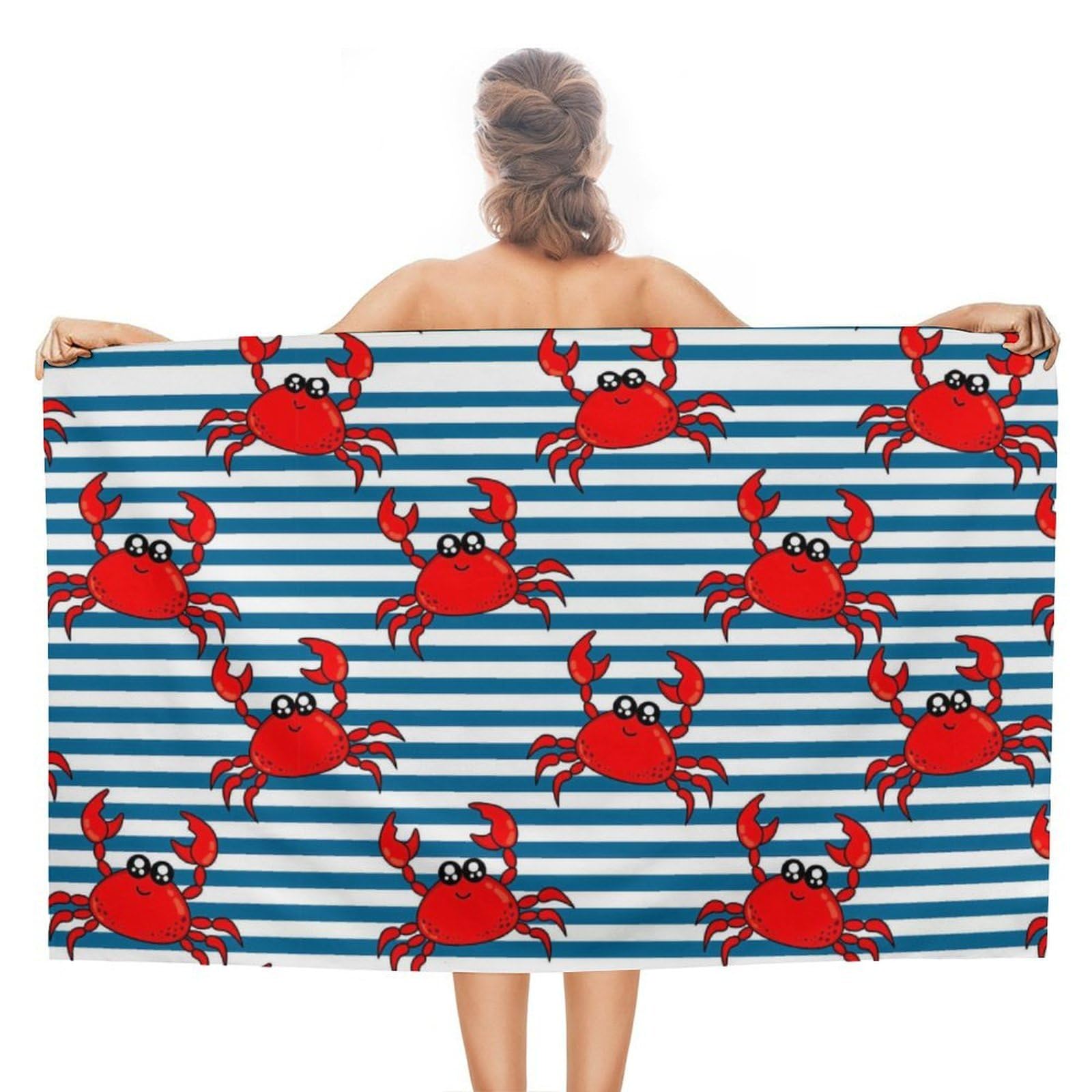 Nclqvjxzkhw Women's Style Red Crab On Stripes Beach Towel For Adults Lightweight Bath Towels Swim Travel Gym Sports 130×80Cm