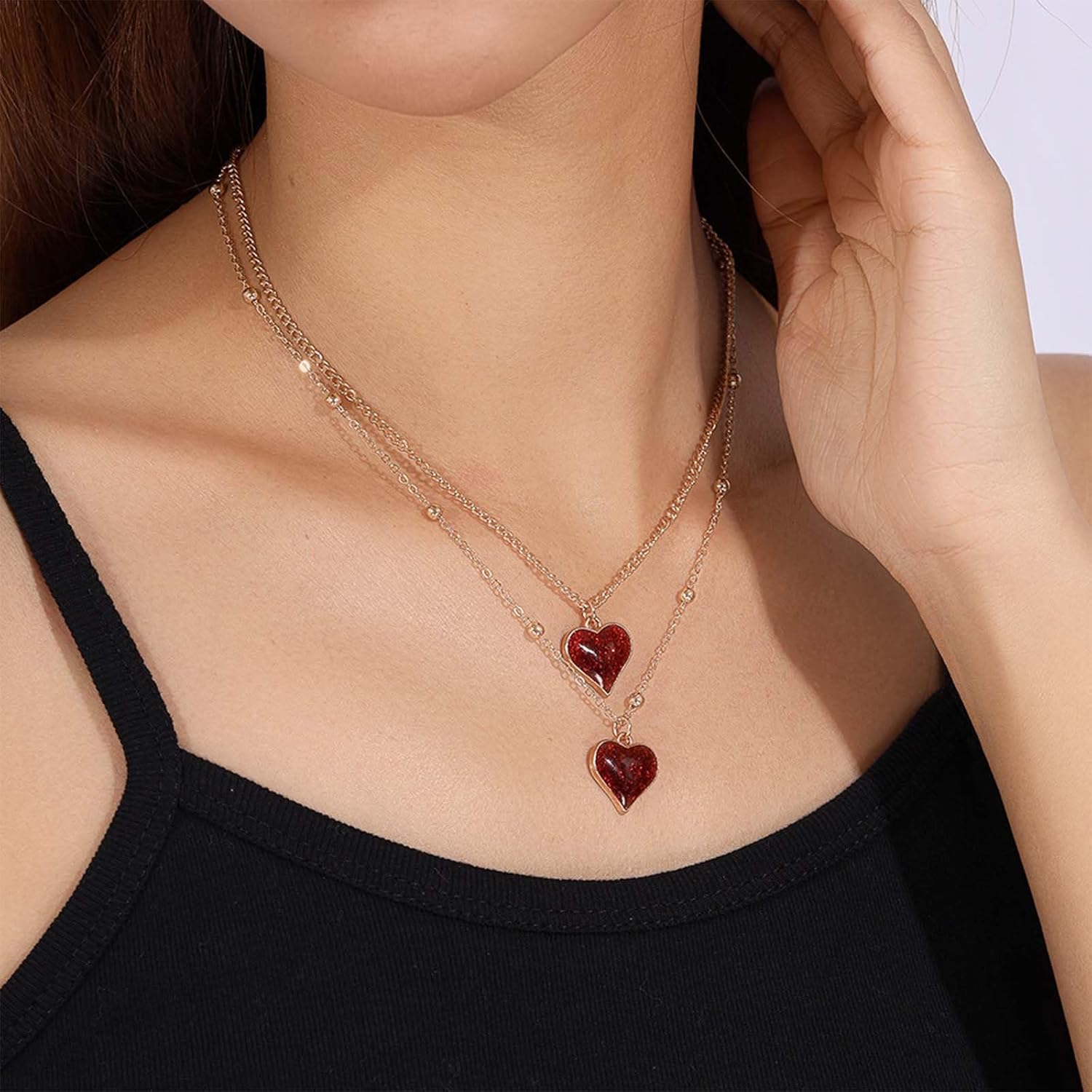 Boho Layered Red Enamel Heart Necklace Double Heart Pendnat Necklaces Gold Satellite Chain Necklace Red Love Necklaces Chain Jewelry for Women - Image 5