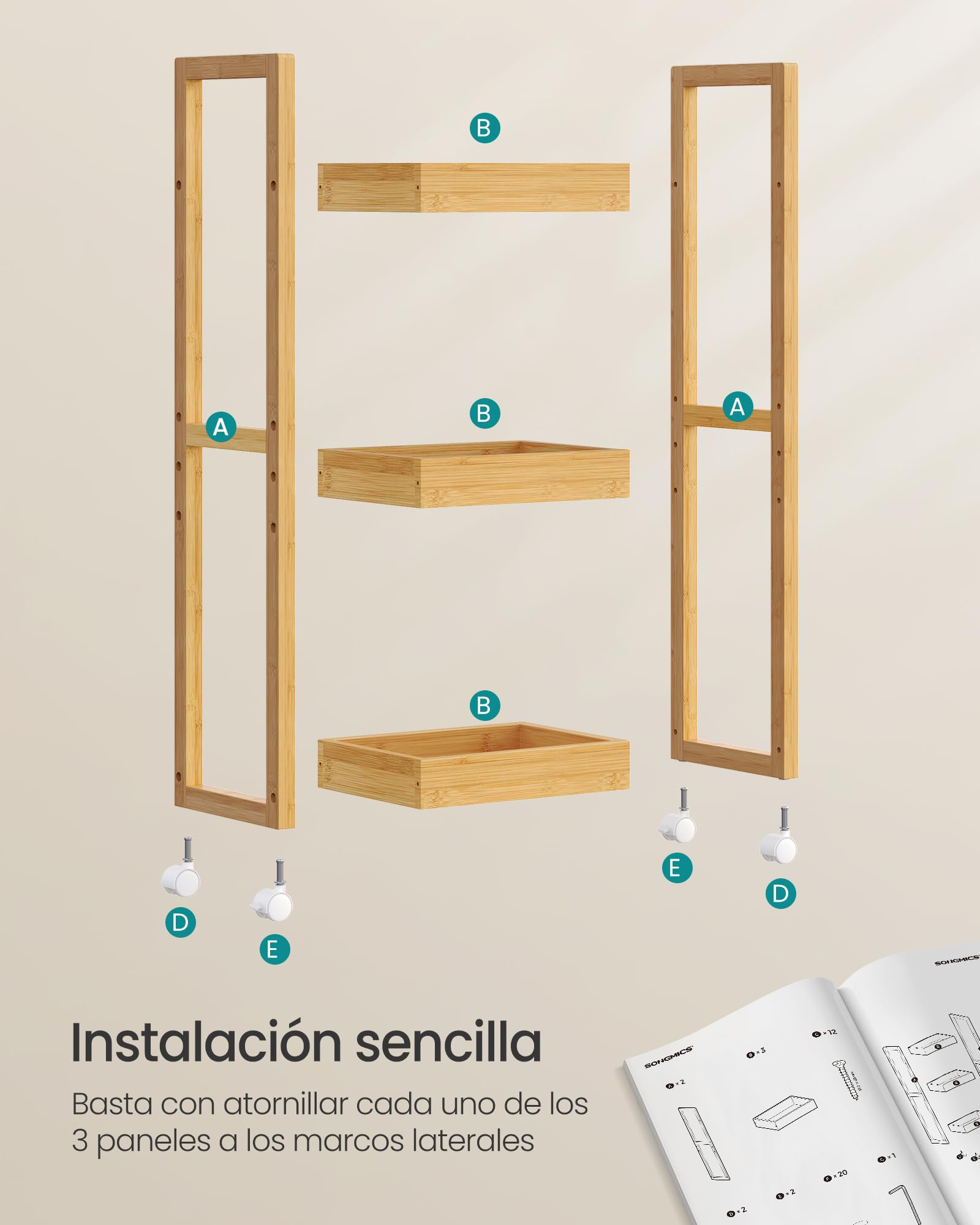SONGMICS Carrito de Baño 3 Niveles Bambú Estrecho con Ruedas 20x30x80 cm Beige Natural