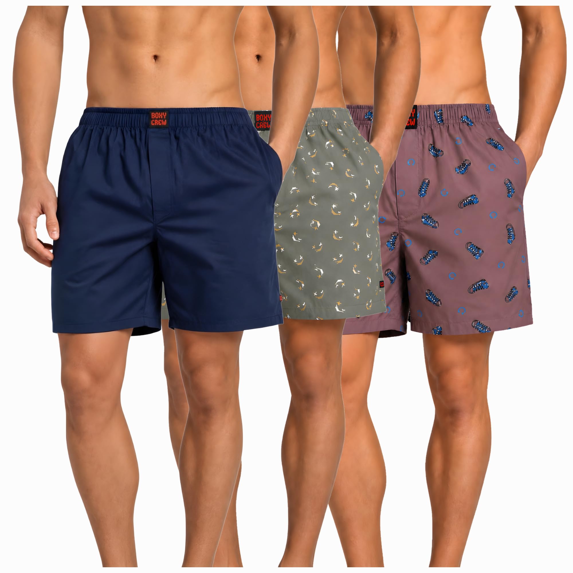 Men's 100% Cotton Boxer Shorts Pack of 3, Navy Blue, Green & Mauve | Woven Boxers with Side Pockets, No-Marks Elastic Waistband, Breathable Relaxed Fit | Style 002-008-015-image-39
