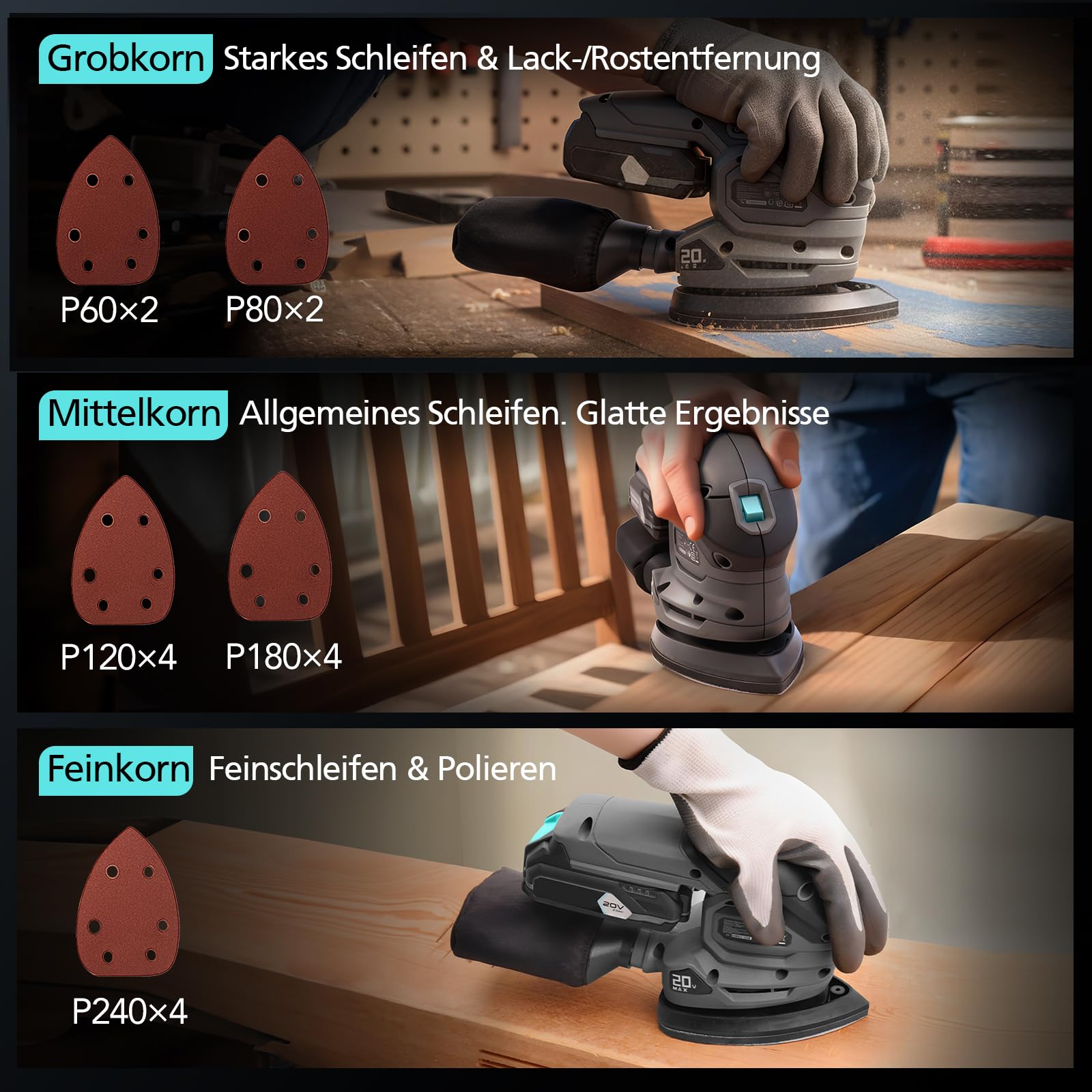 20V Akku Deltaschleifer, Multischleifer, 12000 U/min, Mini Schleifmaschine mit Staubfangbeutel, 20 Schleifpapiere, ergonomischem & 2,0Ah Akku mit Ladegerät, Schwingschleifer für Holz & Wände