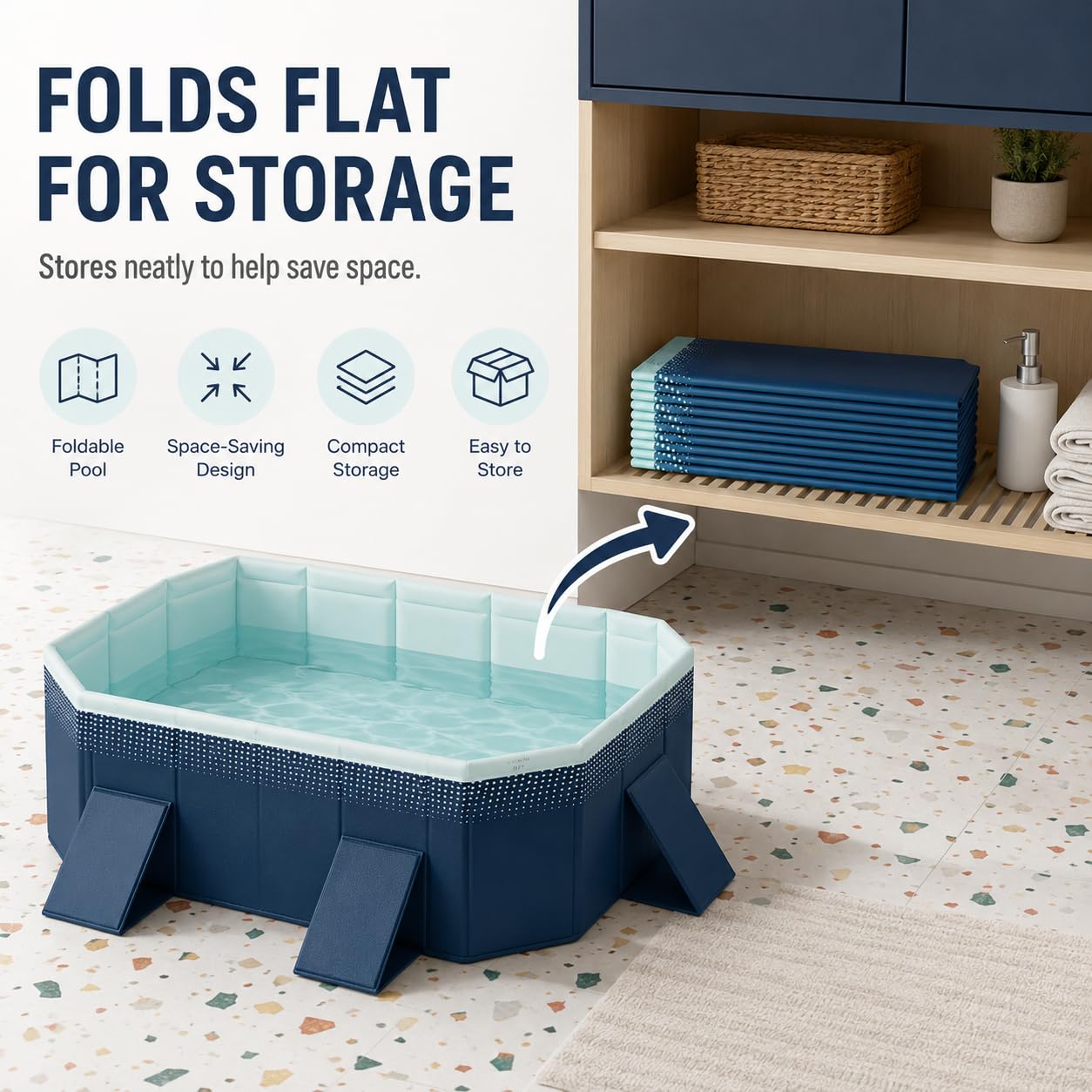 Piscina Pieghevole Fuori Terra Rettangolare da Giardino | Senza pompa, pareti a 4 strati, doppio scarico e chiusura piatta salvaspazio(Blue A,116.1"x65"x21.7")