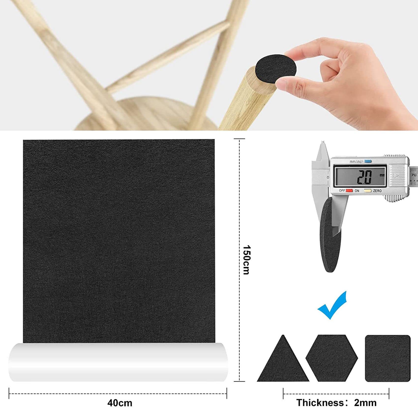 4X Deslizadores de Fieltro Autoadhesivos, 40 x 150 cm, Almohadillas de Fieltro Autoadhesivas, Deslizadores de Muebles, Cinta Adhesiva Multiusos Negro
