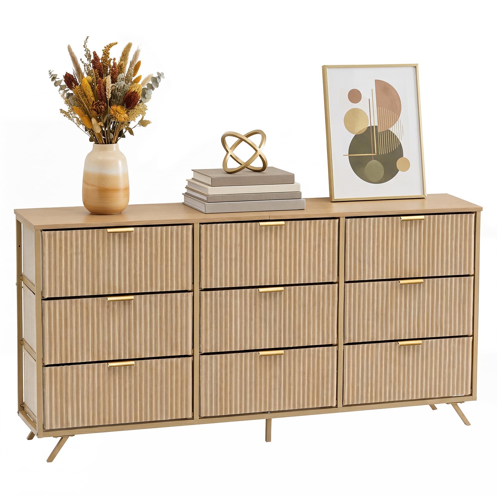 Photo 1 of DUMOS Fabric Fluted Dresser, Modern Chest of 9 Fabric Drawers for Bedroom, Large Dressers with Metal Frame & Wooden Top, Storage Organizer Closet for Living Room, Entryway, Natural Oak