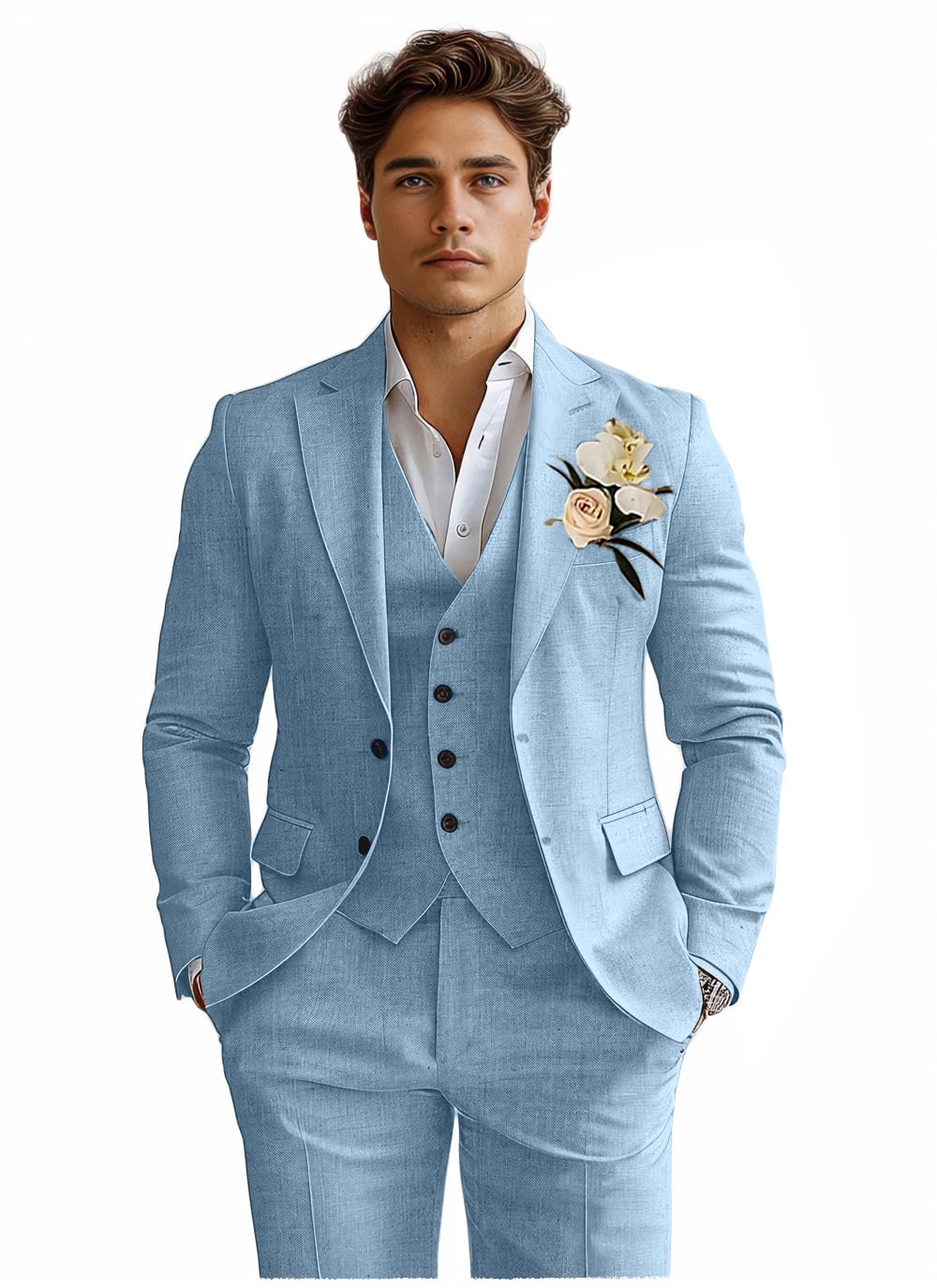 Photo 1 of Mens Tuxedo Suit Set Blue Linen Young Men Suit Homecoming Groom Prom Party Wedding Suits for Men Tuxedos Summer 2XL
