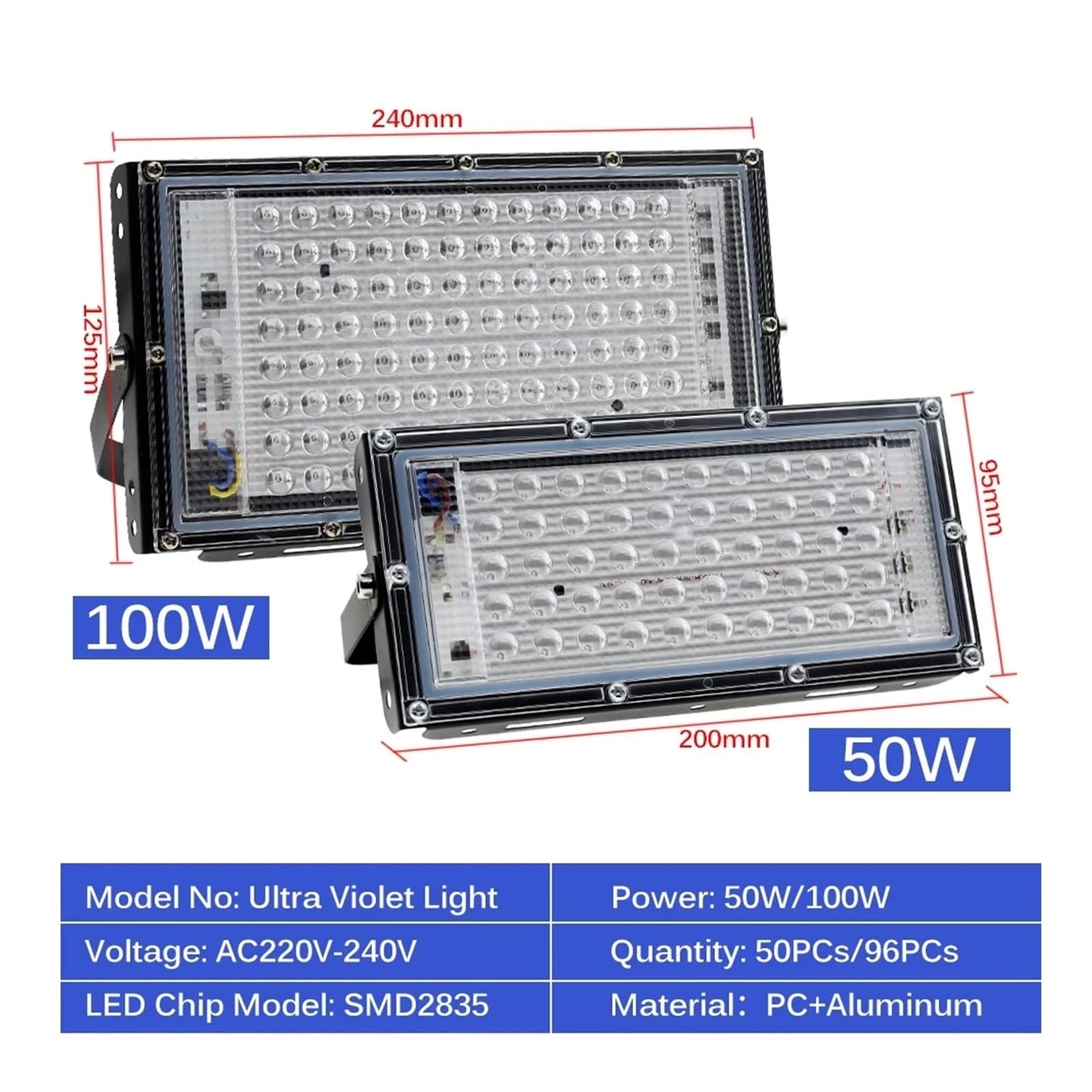 Luz LED UV, Lámpara de curado de resina de 50 W, 100 W, 200 W, 300 W, 395 nm, 405 nm, 365 nm, LED ultravioleta, lámpara de curado de resina, pintura en aerosol, pegamento UV para uñas de gel UV y cura