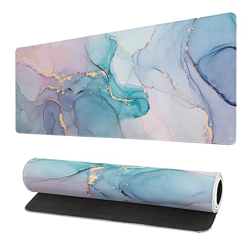 Teal Marble Extended Mouse Pad 31.5x11.8 Inch Turquoise Desk Marble Mousepad Extended Large Non-Slip Rubber Base Waterproof Big Keyboard Mat with Stitched Edges for Gaming and Office - Marble