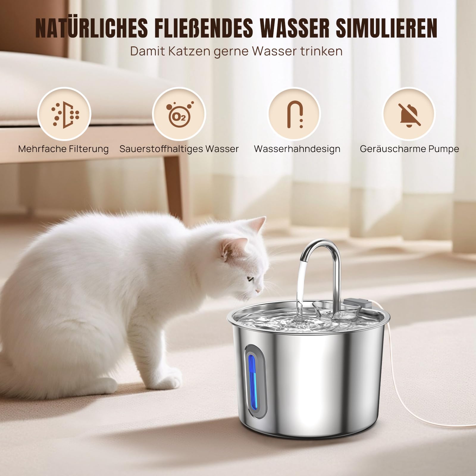 Fuente para gatos de acero inoxidable para gatos, fuente de agua para gatos, 2,2 l, fuente de agua súper silenciosa para perros, mantiene el agua fresca, con 2 filtros de carbón + 1 esponja