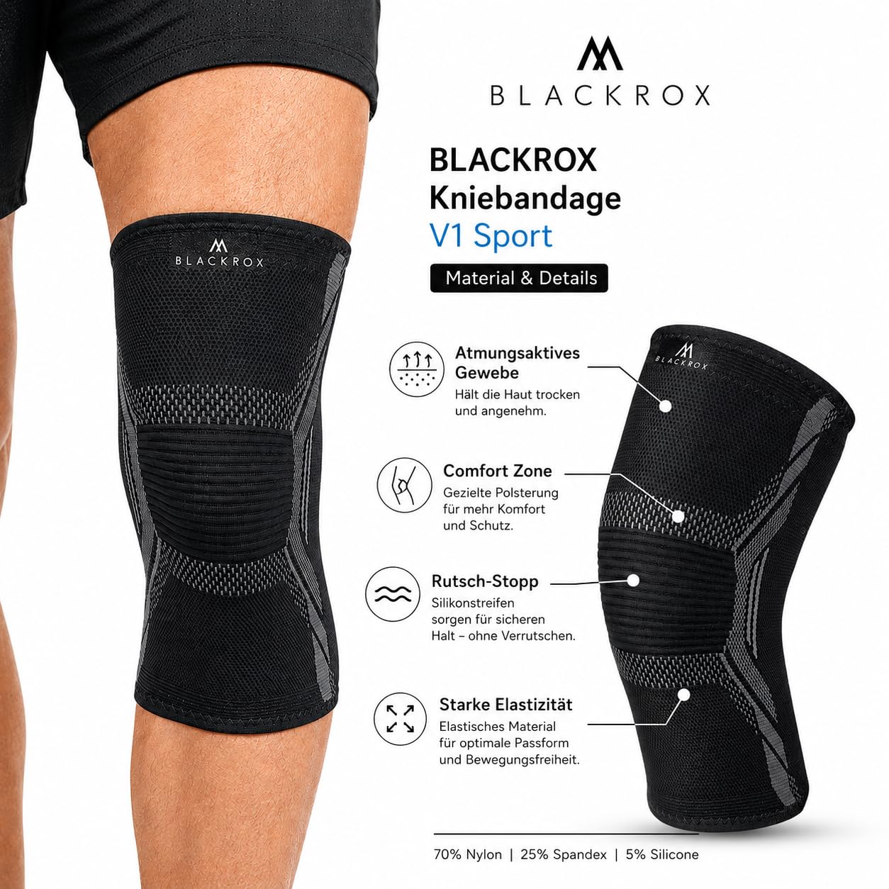 BLACKROX Ginocchiera paragonabile per uomo e donna, ginocchiera a compressione Meniskus, ginocchia, ginocchiere sportive, calcio, jogging, traspirante, elastica, allevia il dolore