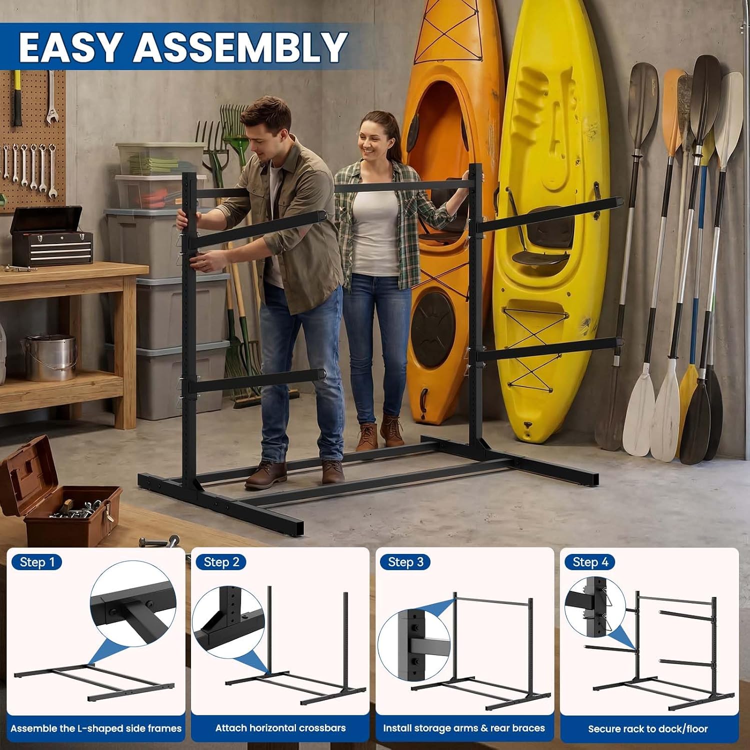 MOPHOTO Kayak Storage Rack, Heavy Duty Kayak Rack for Garage & Outdoor, Space-Saving Storage Rack for Kayaks, Canoes, Surfboards & Paddleboards