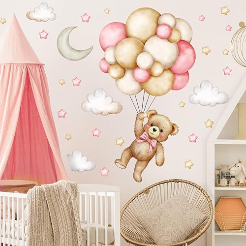Miniatura 5 de Calcomanías de pared de animales de dibujos animados de oso, calcomanías de pared de animales globo de aire, estrellas, luna, nube, calcomanías de