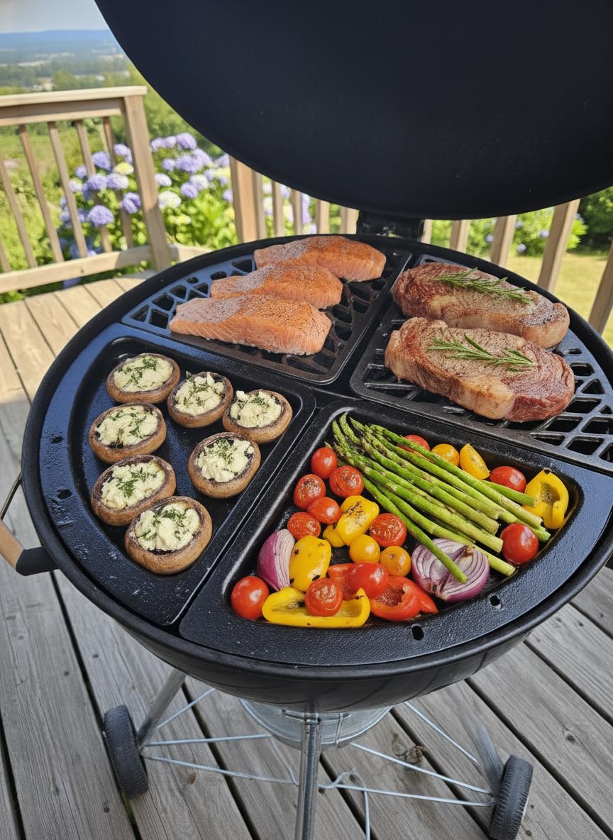 Onlyfire Płyta do grillowania (Plancha) i żeliwny ruszt Zestaw do grilla węglowego Weber 57 cm, Ø 54,7 cm, ruszt kuchenny z podnośnikami rusztu, 4 strefy, akcesoria kempingowe