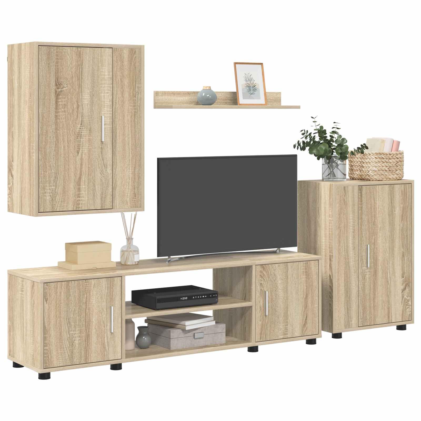 TV-Schrankset Wandmontiert 4-teilig Sonoma-Eiche Holzwerkstoff, Modernes Media-Center mit Stauraum, für Wohnzimmer