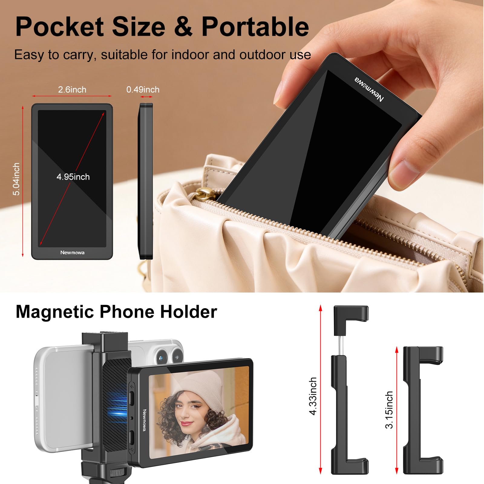 Newmowa 4,95 Zoll Telefon Vlog Selfie Monitorbildschirm, Telefon Rückkamera Zubehör für Teleprompter Live Stream Selfie Vlog TikTok, Kompatibel mit iPhone(Unterstützt Kabelgebundene 4K 30fps Aufnahme)