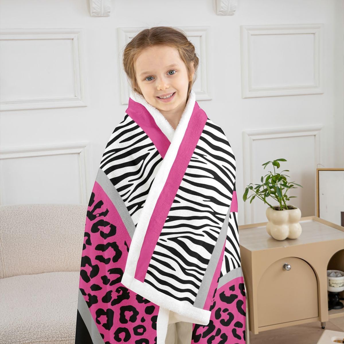 Zebra Stripes Sherpa Blanket with Leopard Print - Pink Black White Ultra Soft Plush Throw for Kids Girls - Wild Animal Skin Fuzzy Decor for Sofa Bed Couch - Queen 90x90 Inch