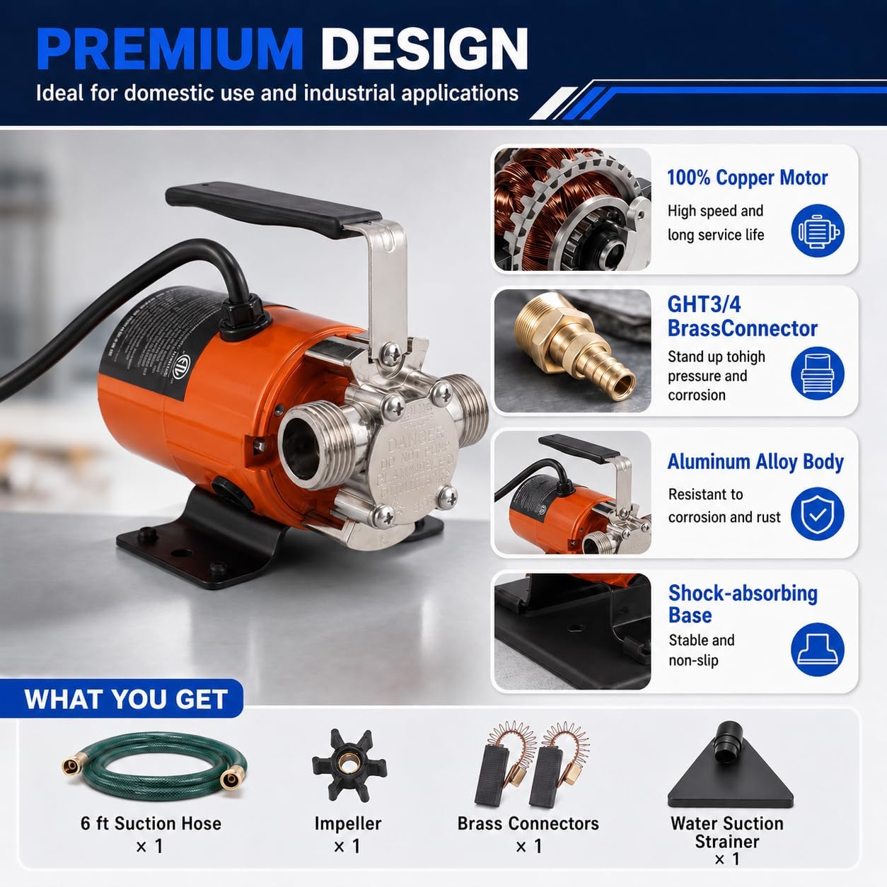 HoldwellS Water Transfer Pump 115V AC, 360 GPH, 1/10HP, 46FT High-Lift | Utility Pump, Portable Electric Water Pump with Water Hose Kit, Incl. Carbon Brushes, Impeller etc, For Water Removal