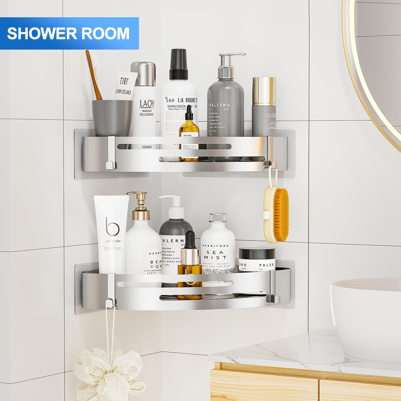 PNNP Mensola Doccia Angolare Senza Foratura 2 Pezzi, Portasapone doccia Adesiva Portaoggetti Doccia Acciaio Inox con 4 Ganci, Porta Oggetti da Bagno per Shampoo Sapone Bagnoschiuma (Argento)