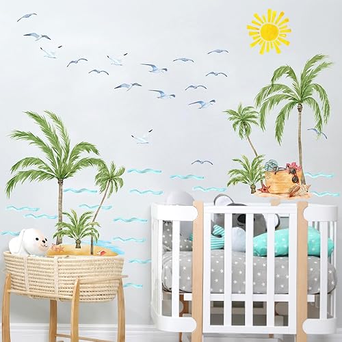 Miniatura 8 de Pegatinas de pared de palmera, grandes tropicales, cocoteros, acuarela, sol, gaviota, calcomanías de pared, olas de mar, verano, playa, temática de