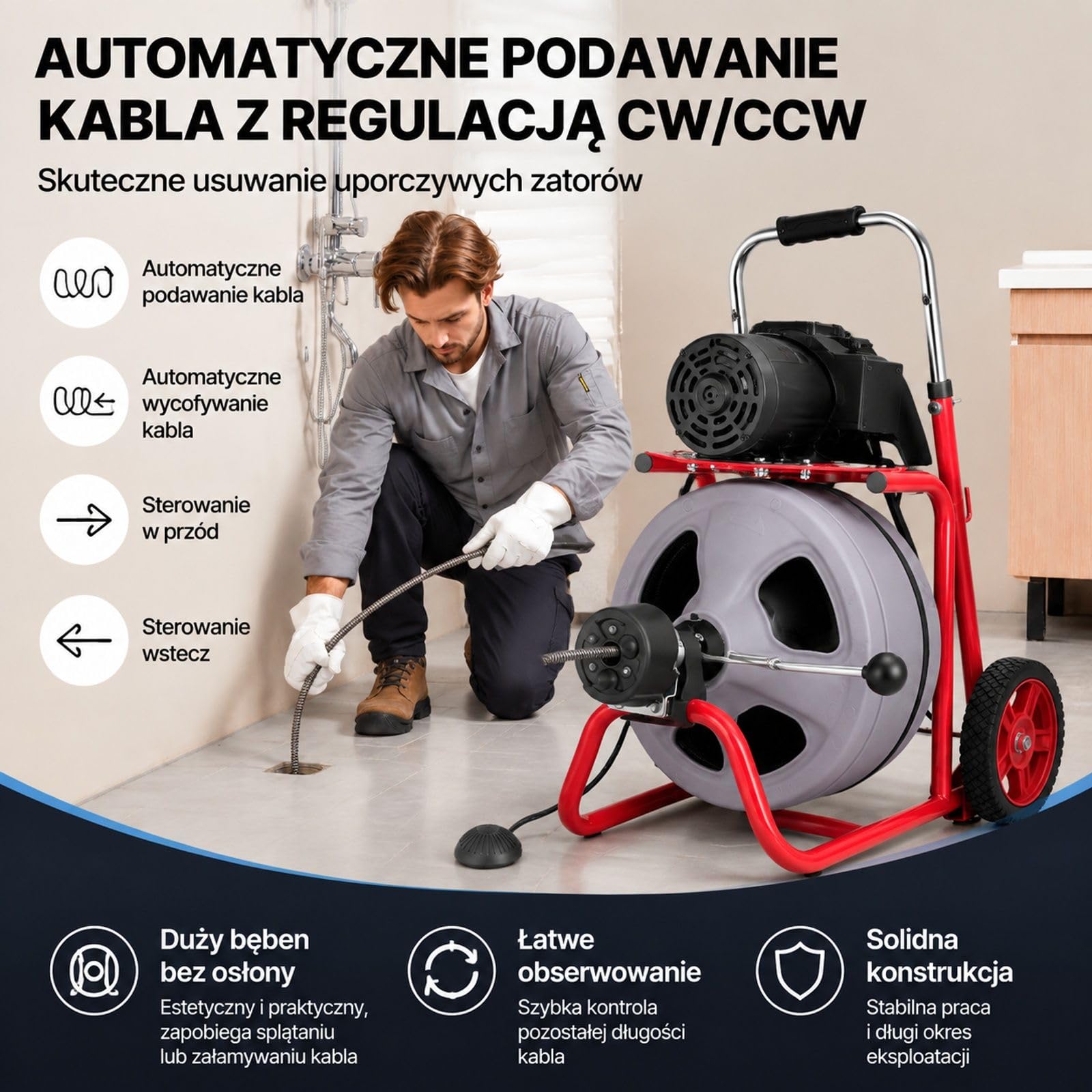 Maszyna do czyszczenia rur z automatycznym podawaniem, stalową liną, pneumatycznym przełącznikiem nożnym, kołami i 8 wymiennymi narzędziami