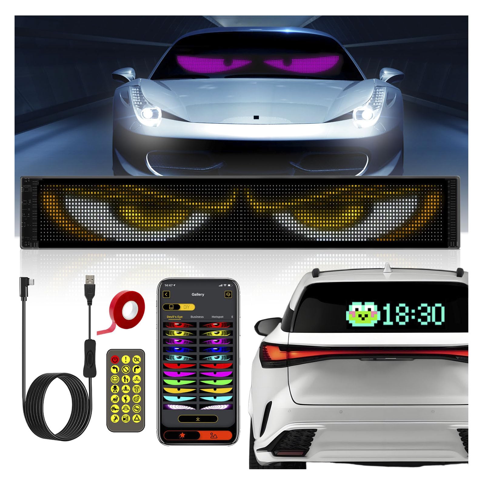 Großes LED-Auge für LKW (59x12cm) - Flexible, programmierbare LED-Anzeige - Fernbedienung & Bluetooth für Lauftext & Muster - Ideal für dynamische Werbung