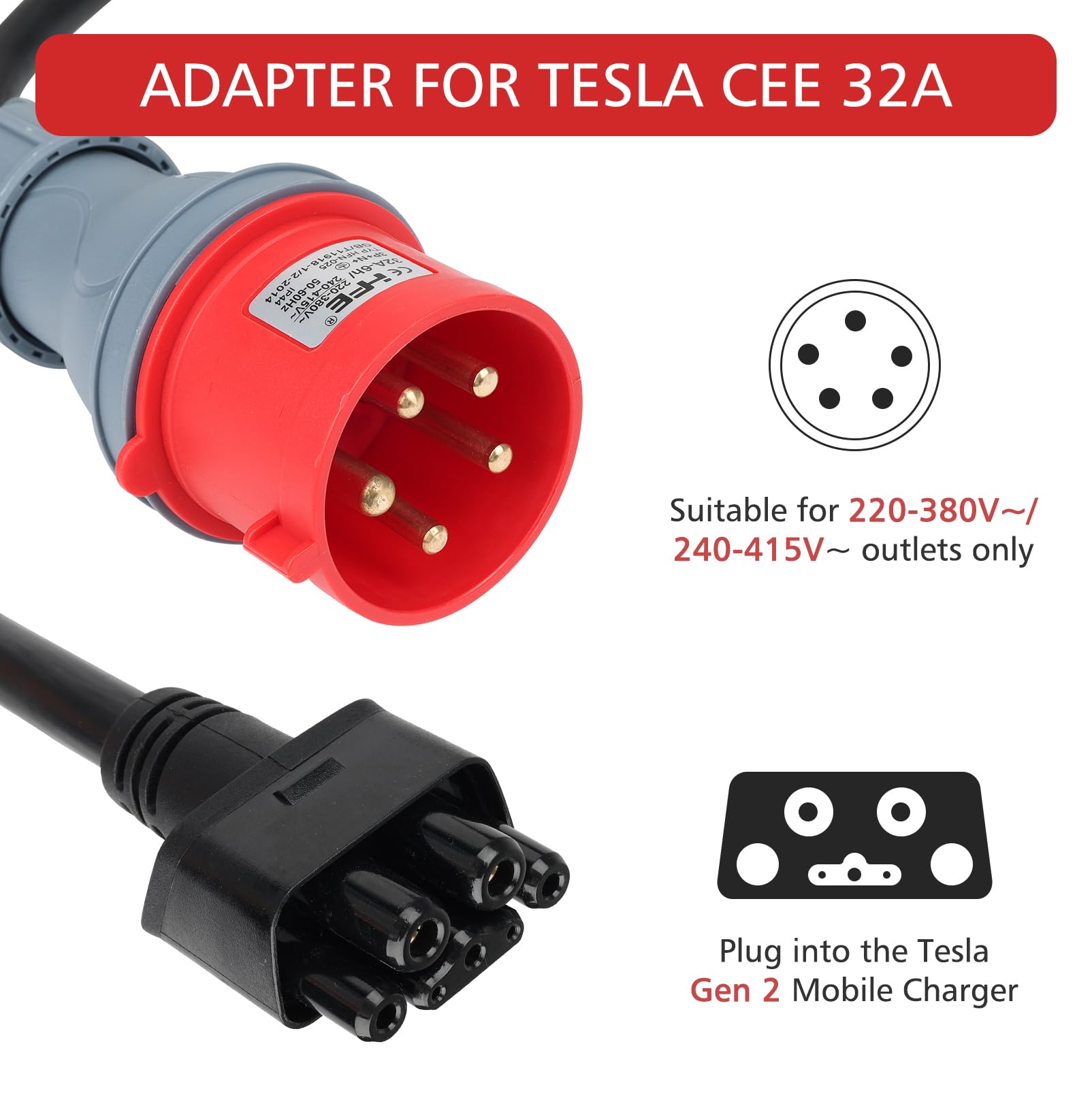Adaptador CEE compatible con el adaptador Tesla de 5 pines y 32 A, juego de adaptadores CEE de 5 pines para cargadores de pared/VE móviles, cable de extensión C-EE, IP44 para uso en exteriores (5 pine