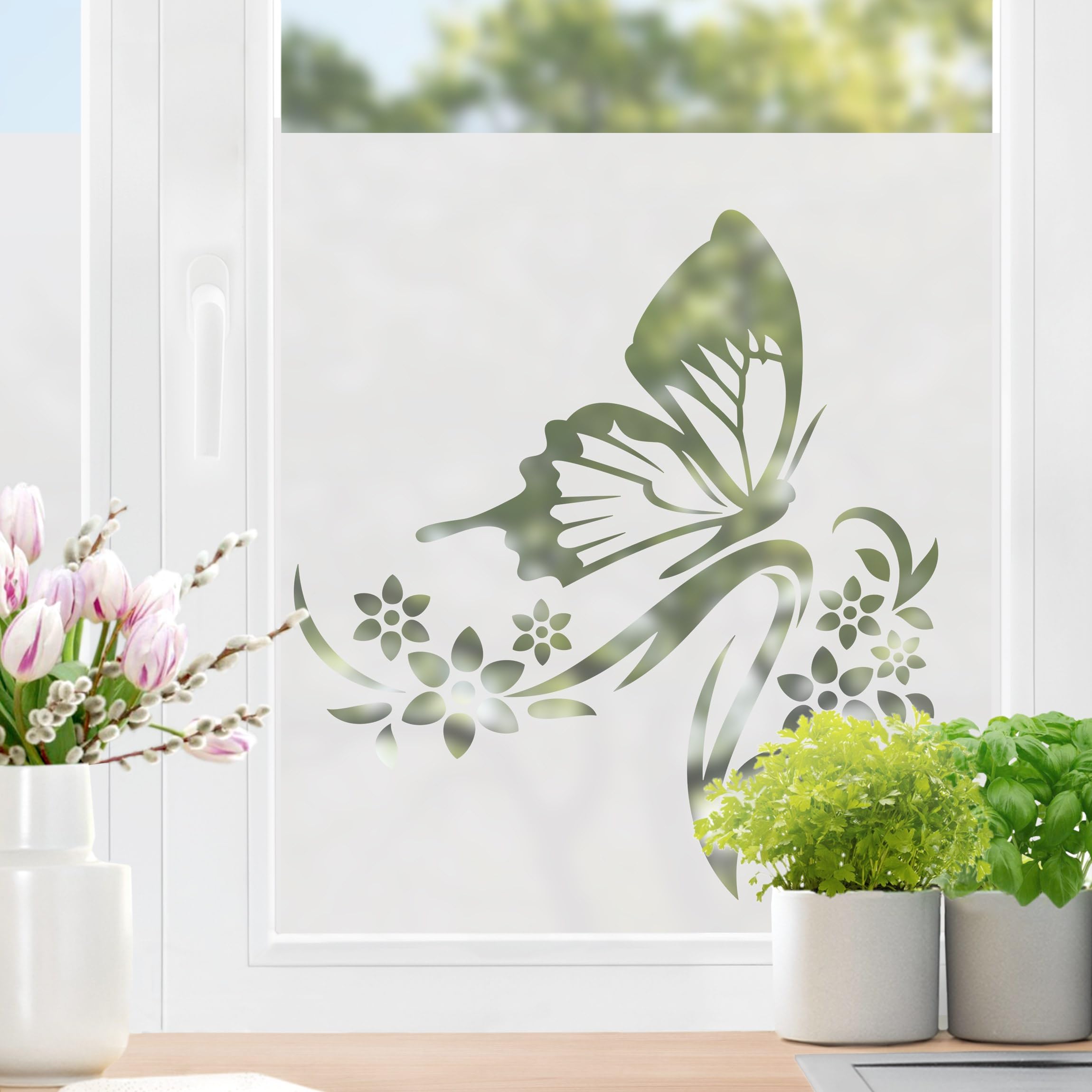 Fensterfolie statisch haftend Blumen Sichtschutz Milchglas - Made in Germany - Schmetterlinge Modern Blickdicht Scheibe Innen Schlafzimmer Wohnzimmer Küche Glas 1673 (60x60cm)
