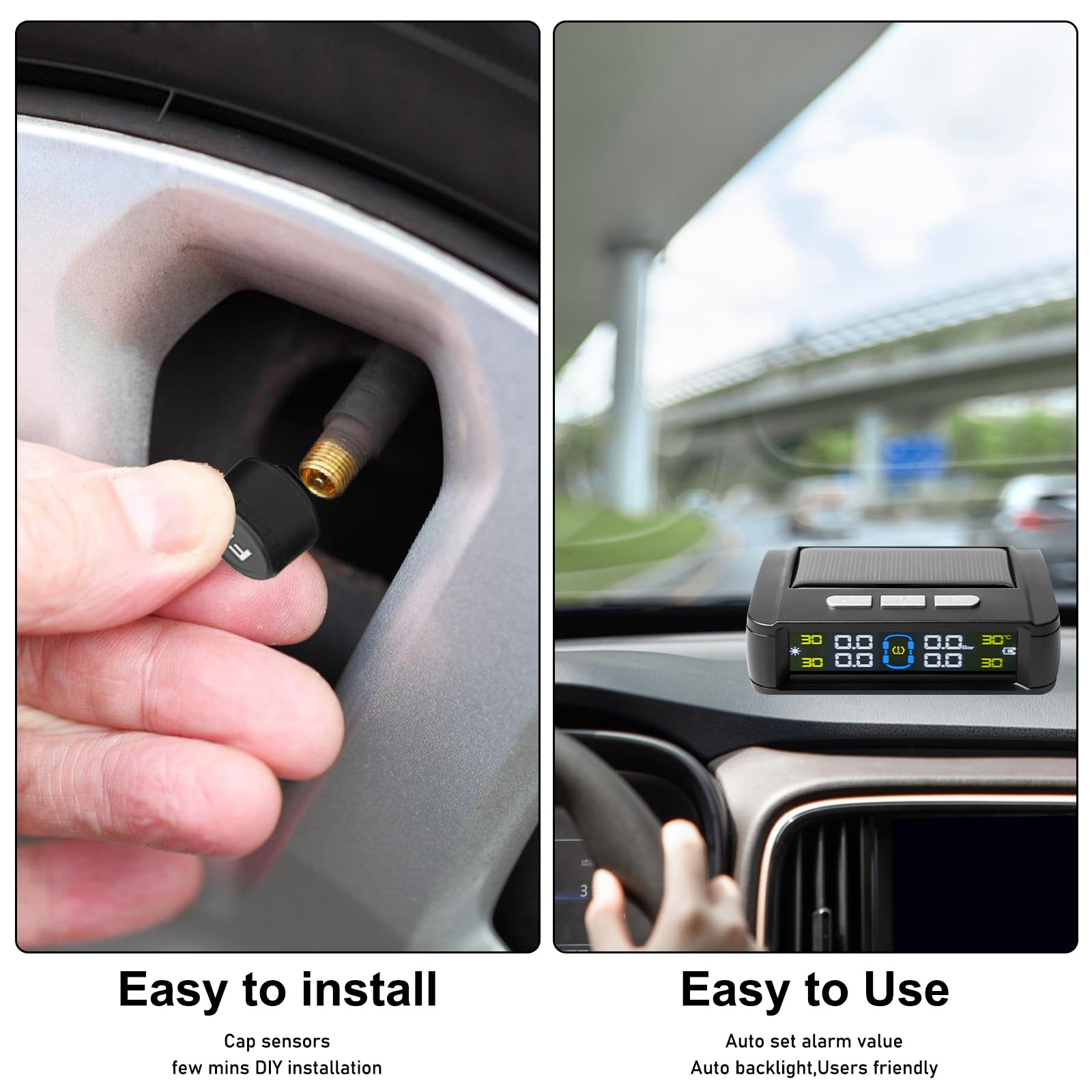 Aicharynic TPMS Reifendruckkontrollsystem, Solar Kabelloser Reifendrucksensor mit 4 Externen Sensoren IPX7, 3,5" Solar Display & USB-C Ladung für LKW/Anhänger, Druckbereich 0-5 bar