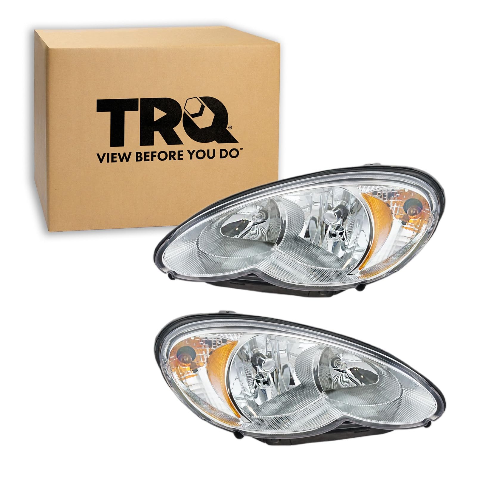 TRQ Driver and Passenger Side Headlight Assembly Set Compatible with 2006–2010 Chrysler PT Cruiser