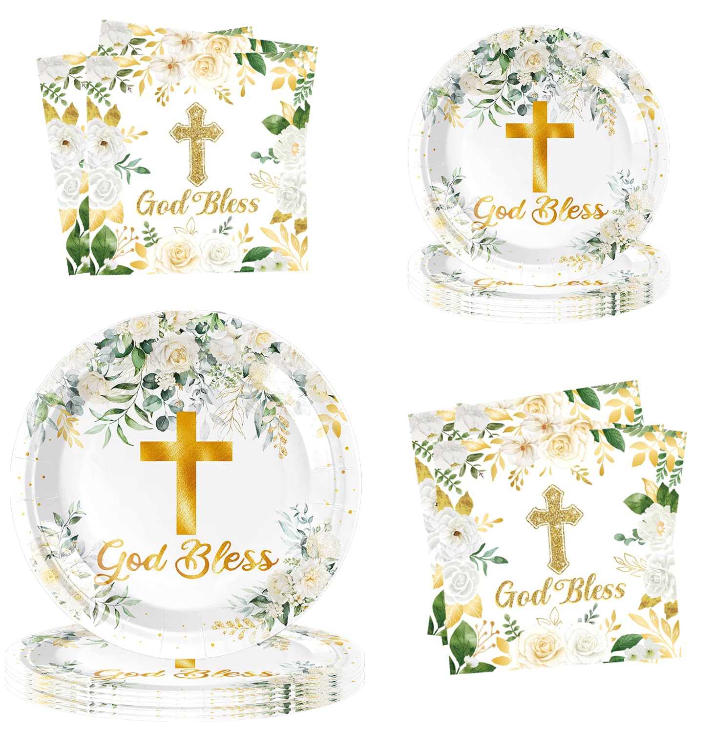 Greenery God Bless Decoration Tableware Set Green and Gold Baptism Theme Paper Plates for Baby Shower First Holy Communion Party Supplies (God Bless)
