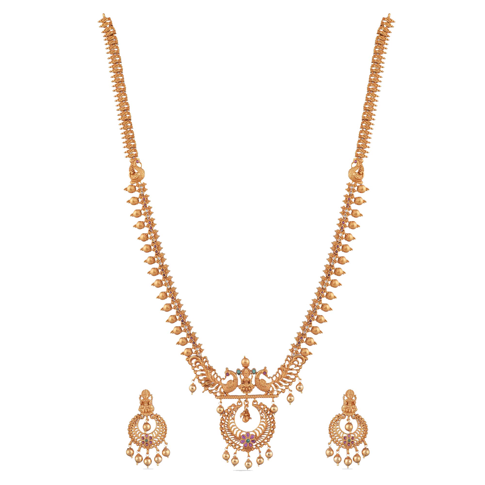 Tarinika Hami Gold-Plated Indian Jewelry Set with Long Necklace and Earrings - White Red Green