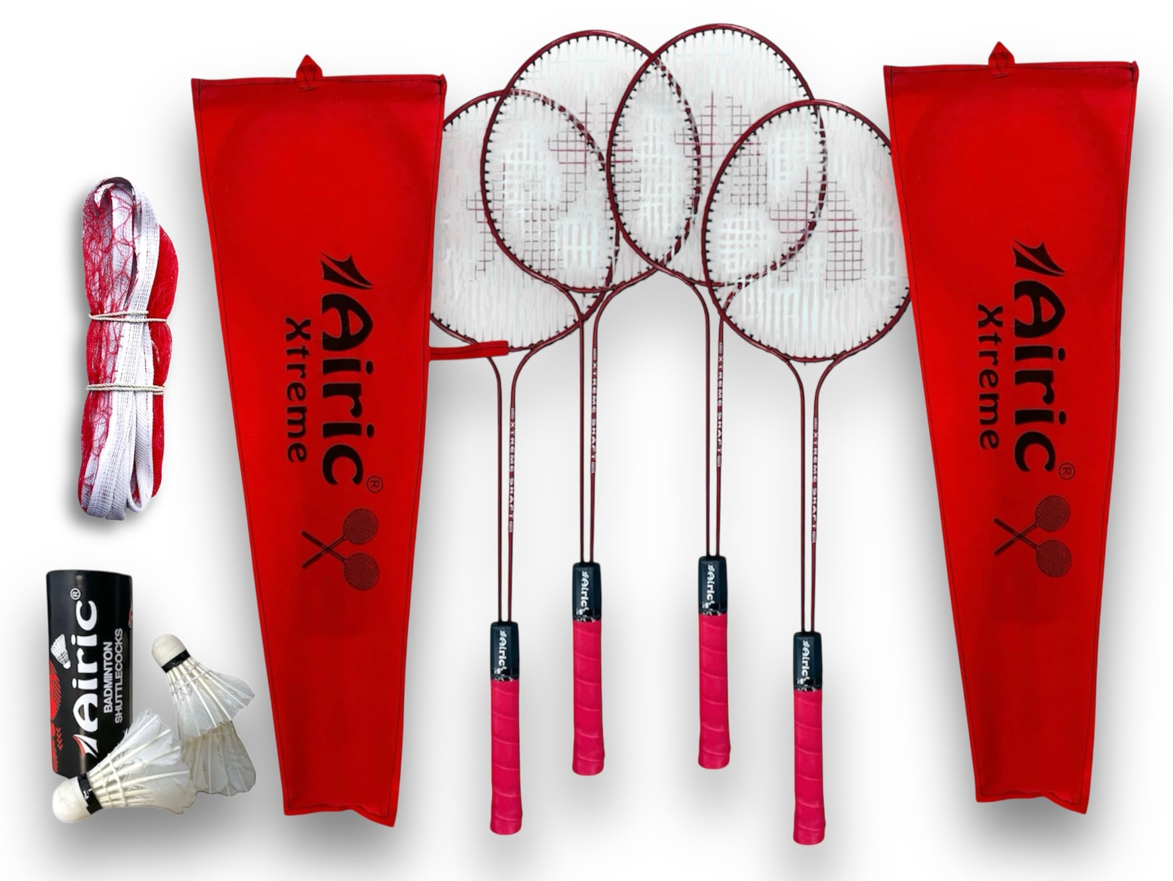 Red Airic Xtreme Double Shaft Raquets with Feather Shuttles and 3 Side Tape Net Badminton Kit-picture-2