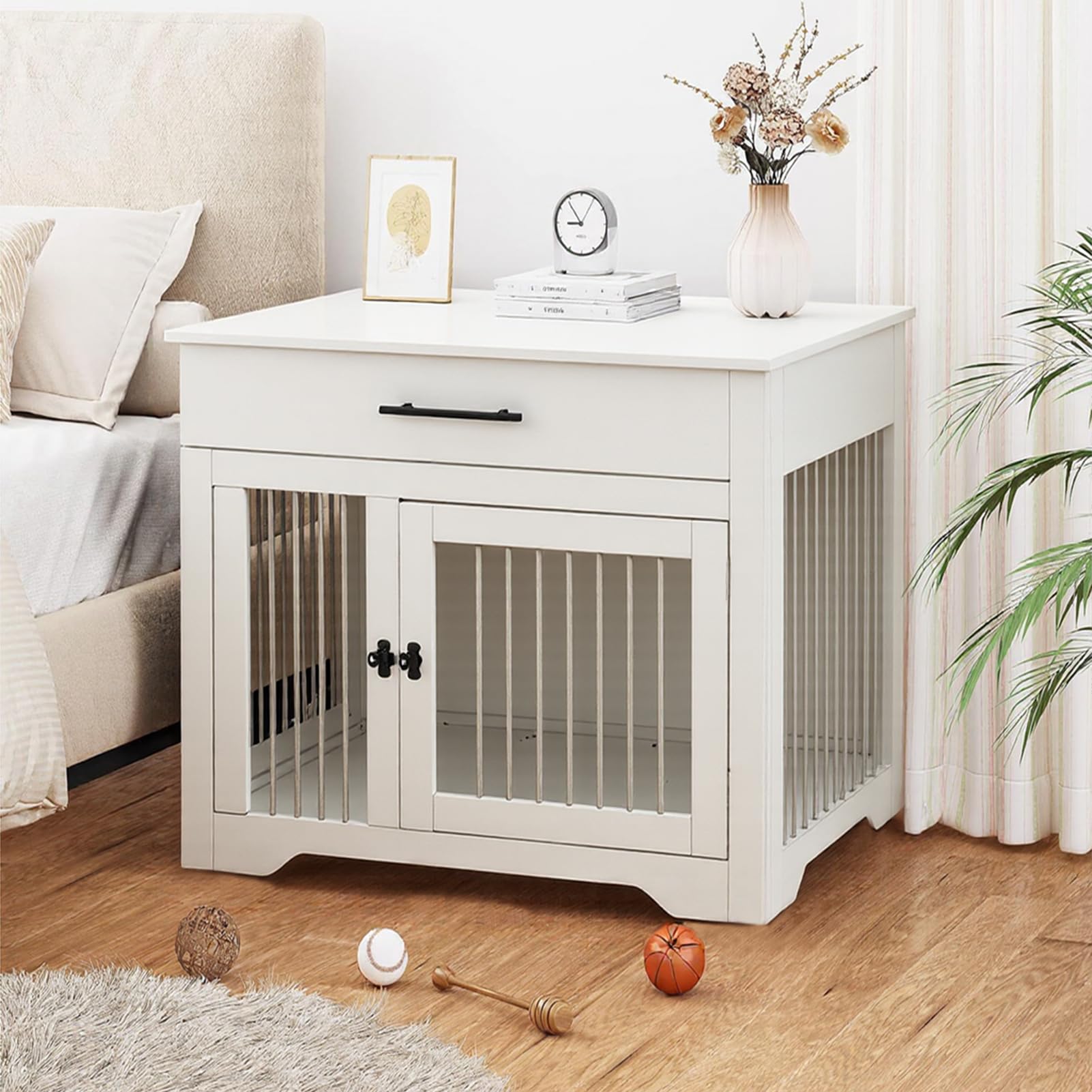 The Fellie Dog Crate Furniture, Wooden Pet Kennel with Drawer Storage, Lockable Indoor Dog Crate, Medium Dog House Furniture 2 Doors, Wood Animal Crates Table for Small Dogs, 80 * 58 * 75CM, White