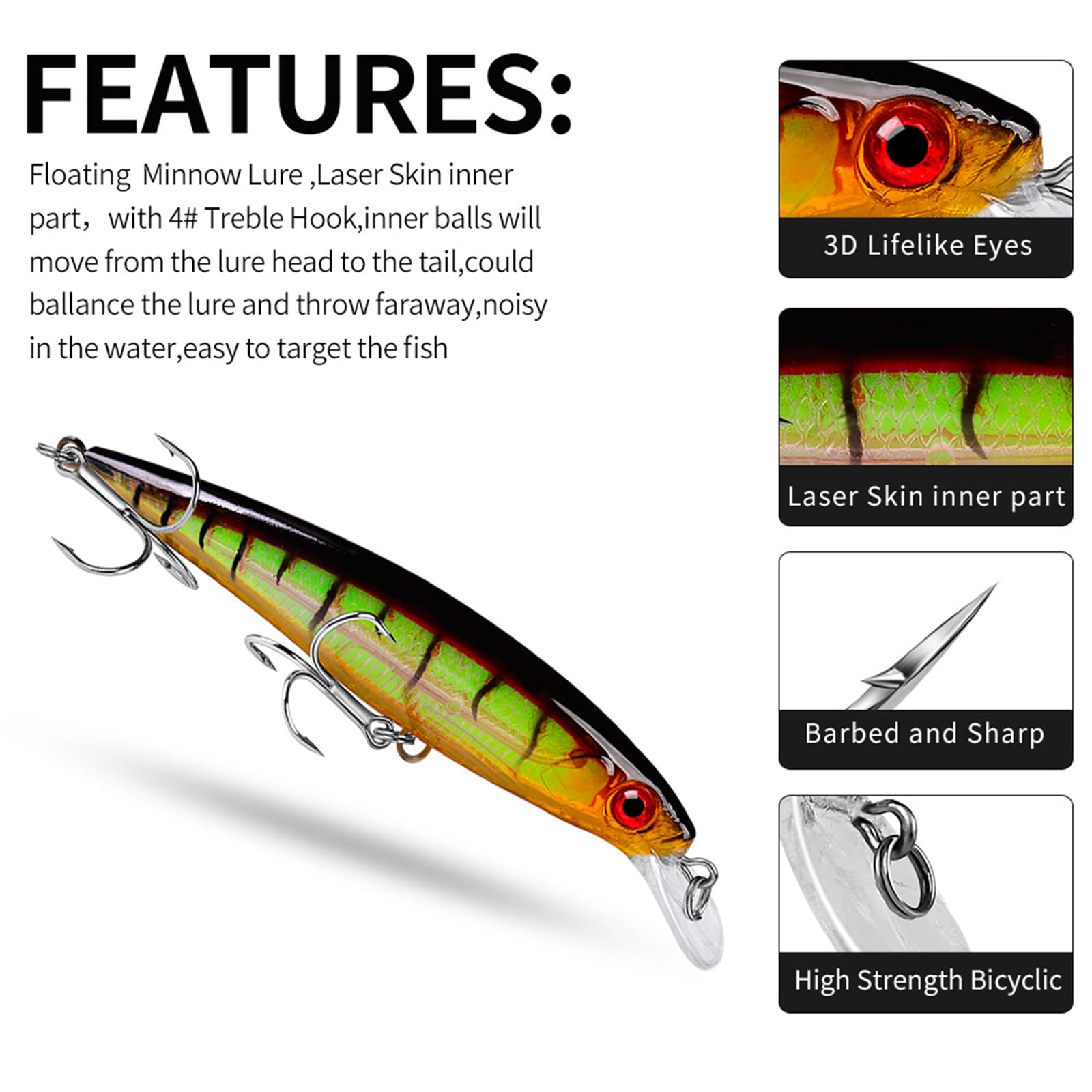 Kit Señuelos Pesca con Ojos 3D Realistass - Cebos Artificiales para Black Bass, Calamar y Trucha - Pesca Accesorios con Anzuelos Trebles Afilados y Efecto Luminiscente - Ideal para Mar, Río y Lago