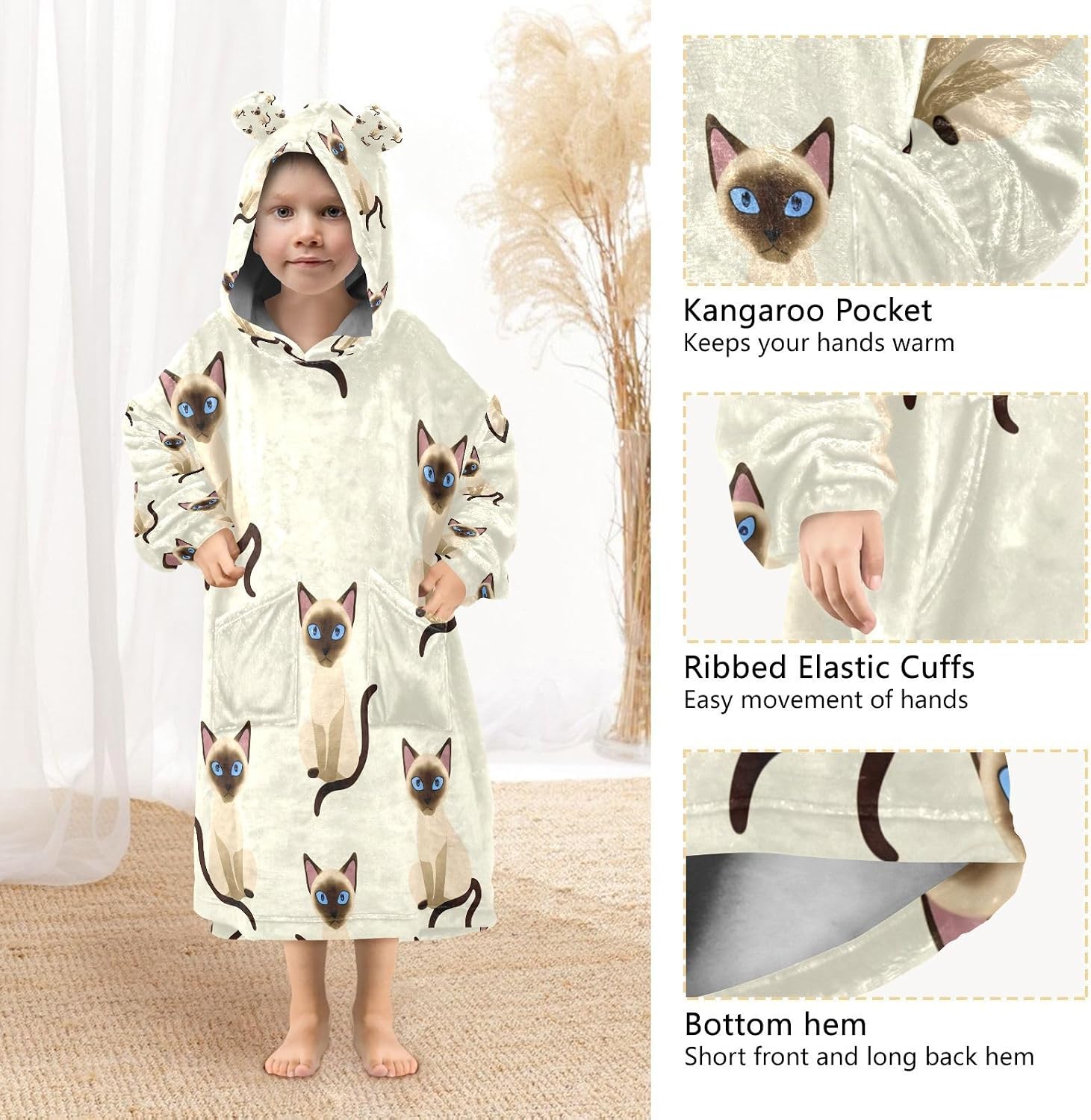 Kigai Cute Cats Wearable Blanket Hoodie for Kids Oversized Hooded Sweatshirt Flannel Blanket with Pocket