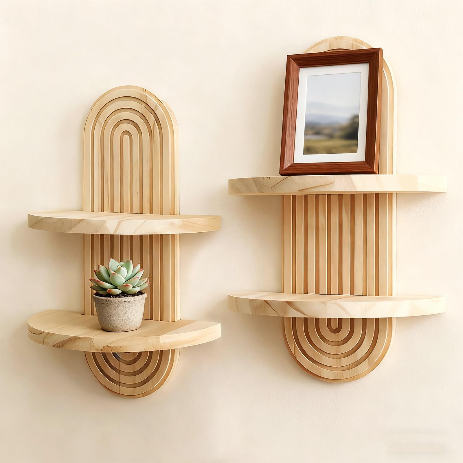 Artilady 2 Pack Boho Wall Hanging Shelf - Handmade 2 Tier Rainbow Arch Solid Wood Floating Shelves Wall Decor Small Trinket Storage Rack for Bedroom Living Room Nursery Bathroom