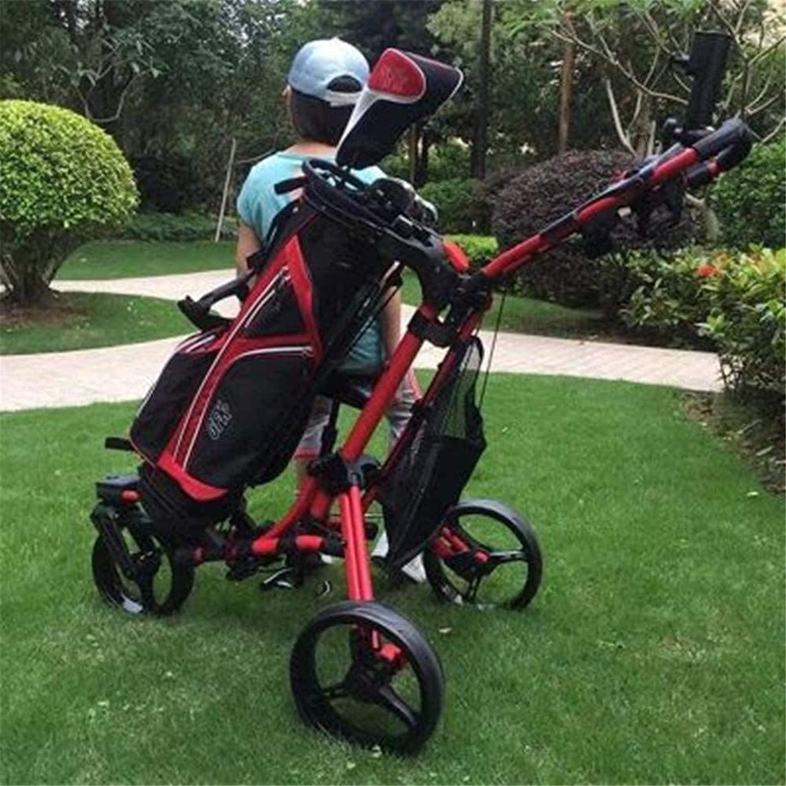 Carrito de Golf Carrito de Golf de 3 Ruedas Carrito de Golf de Empuje y tracción de 3 Ruedas, Carrito de Carrito de Empuje Plegable Cerrado con Soporte de Paraguas Marcador de Asie