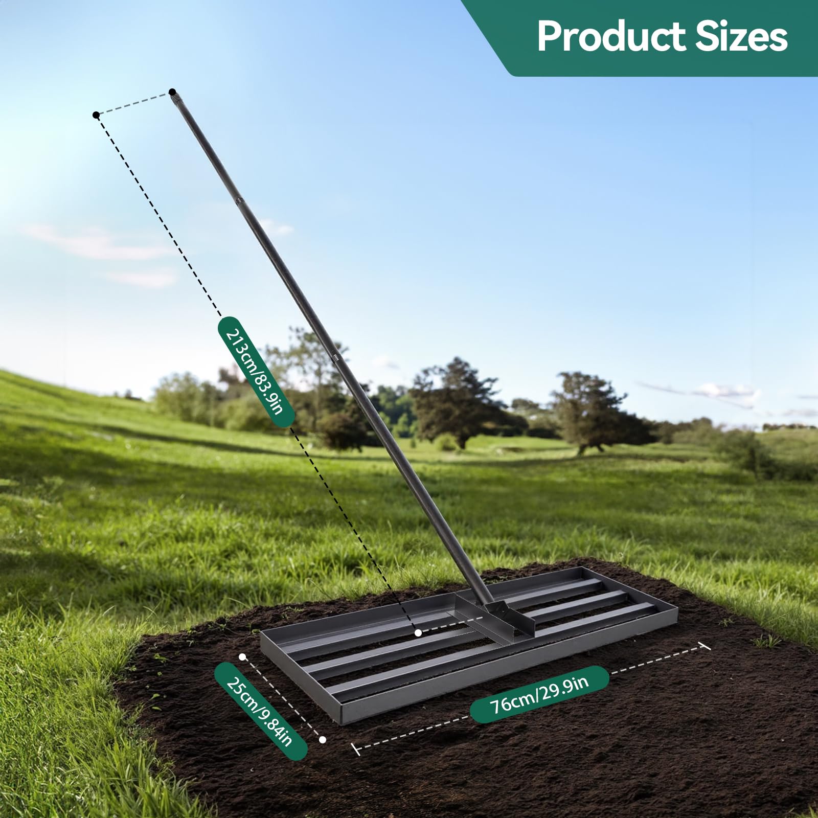 Warmiehomy Rastrillo de jardín de 76 x 25 cm, rastrillo de hojas para jardinería con mango ajustable de 213 cm, herramienta de nivelación de césped resistente para ahorrar esfuerzo, nivelador de patio