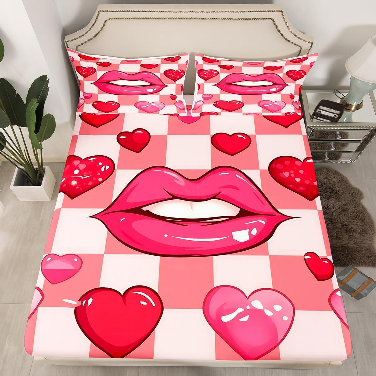 Cute Bowknot Fitted Sheet Queen Size Black White Checkered Bedding Set for Kids Girls Teens Stripes Dots Bow-tie Bed Sheet Set Plaid Bed Cover Room Decor,No Top Sheet