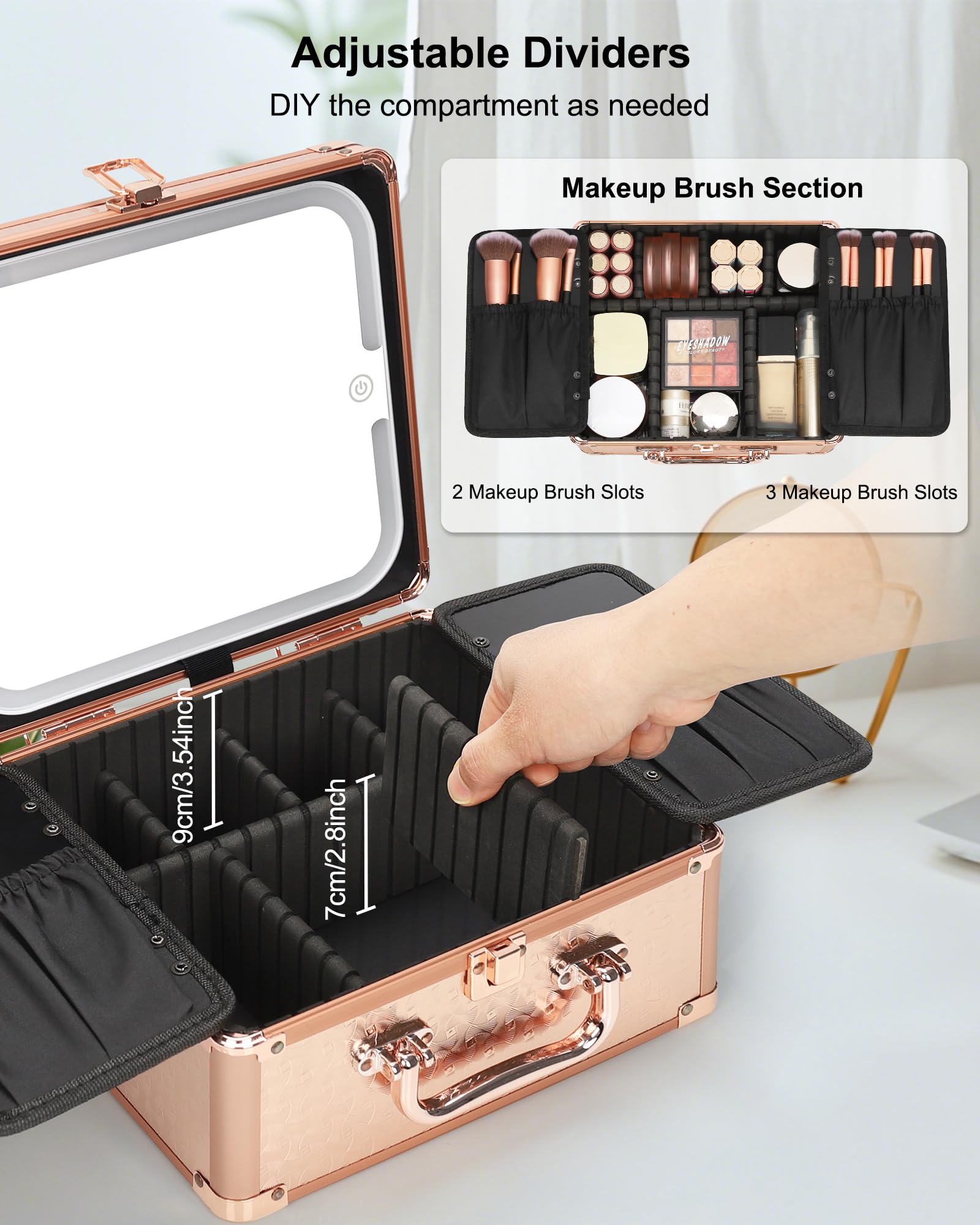 Relavel Beauty case con specchio a LED, scatola per trucchi da viaggio con specchio illuminato ricaricabile, organizer per pennelli per truccatori, regali per donne e ragazze, oro rosa