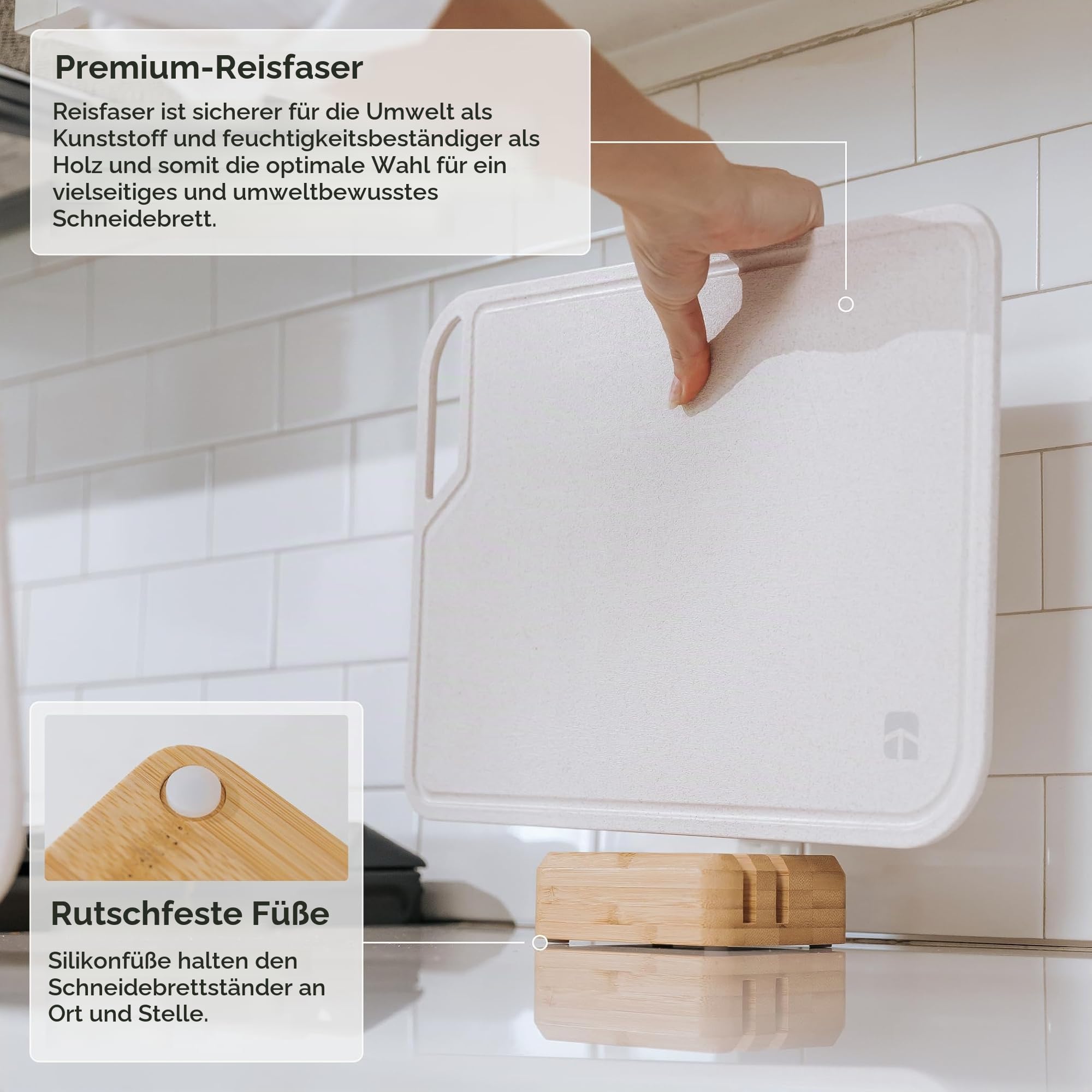 KitchenEdge Reisfaser-Schneidebrett-Set mit Bambus-Ständer für die Kochvorbereitung, 2 Stück Küchen-Set, mit Saftrillen und Griffen, (13.5x9.5, 15.5x11 in)