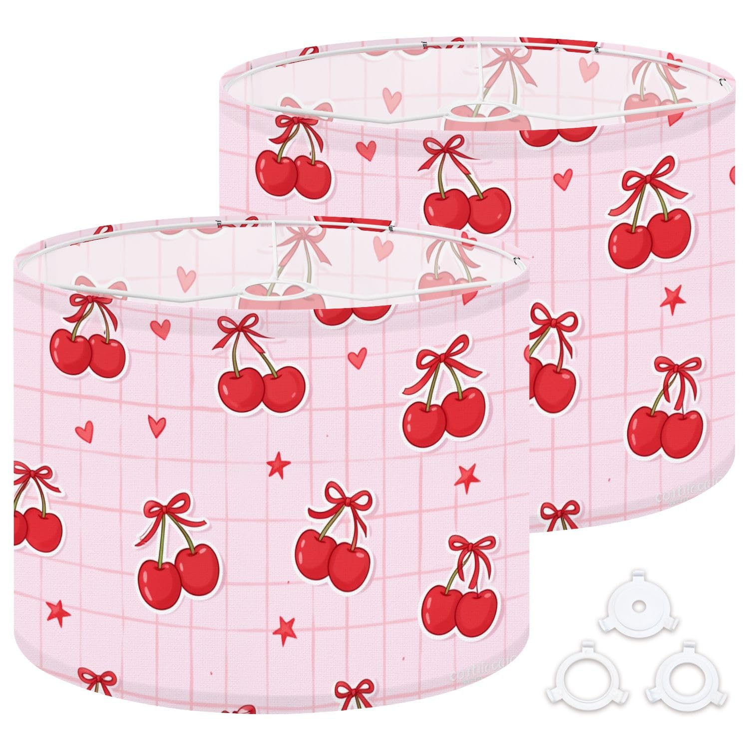 Fabric Round Drum Lamp Shade Cute Cherry Bows Stars Pink Vintage Medium Linen Decorative Assembly Replacement Lampshades 13inch Set of 2 for Table Lamps, Floor Lamps,Ceiling Lamp