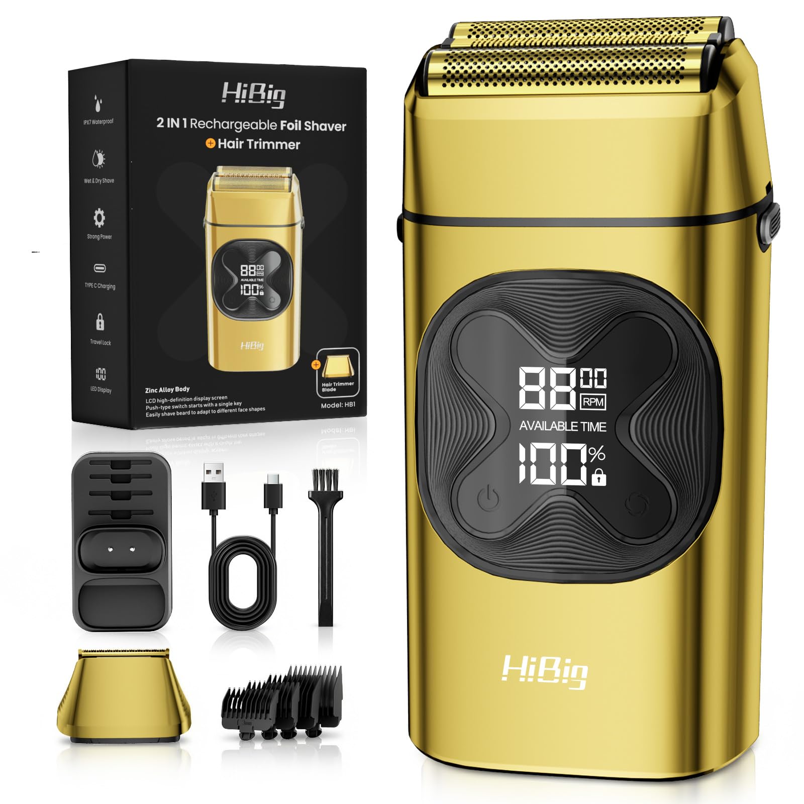 HiBig Professional Double Foil Shavers for Men: 2-in-1 Electric Razor for Men, Portable LED Display Cordless Close Beard Trimmer for Head Beard Neck,