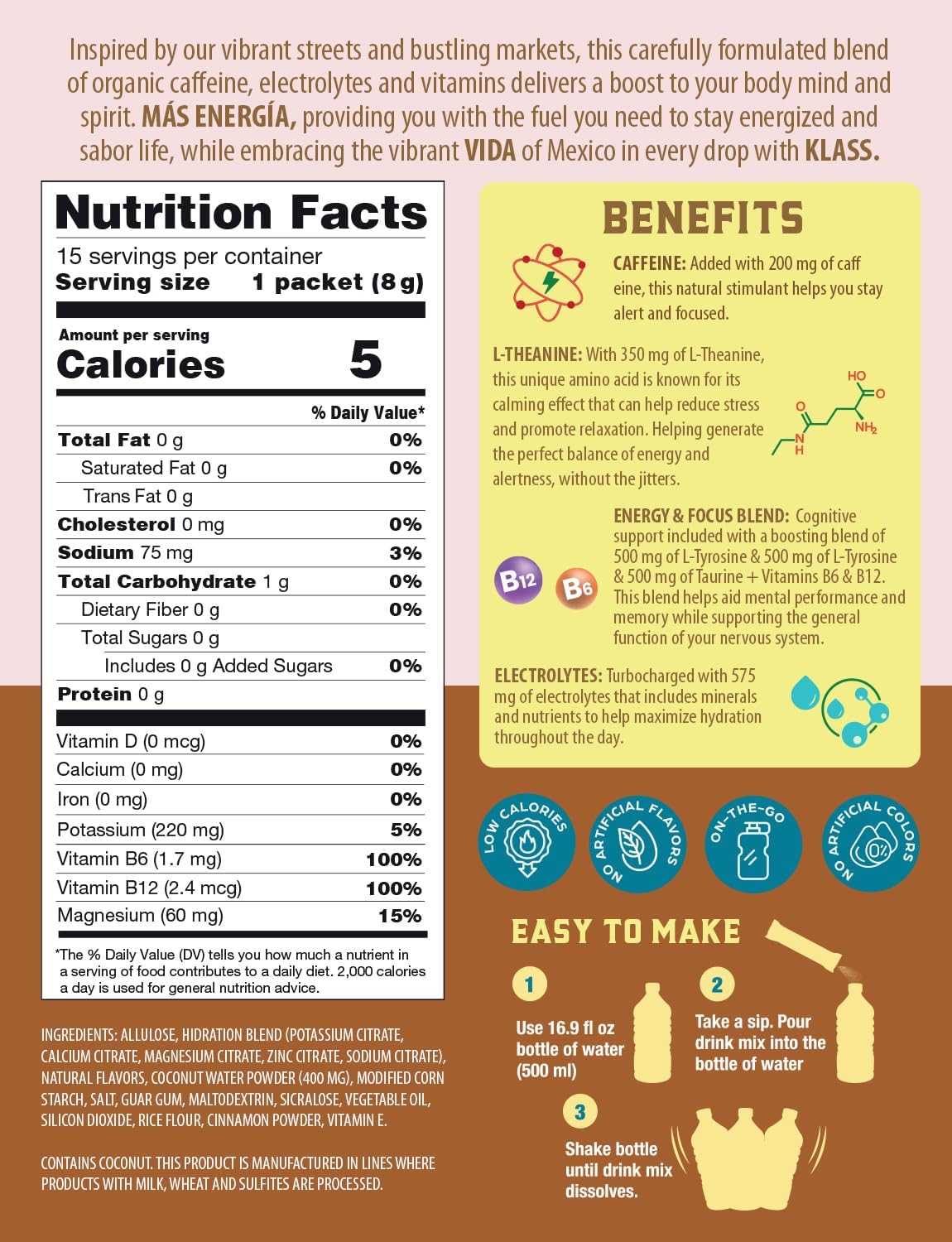 Hydration + Energy Electrolyte Drink Mix – Coffee Horchata Agua Fresca Flavor | Sugar-Free Powder with Caffeine, L-Theanine, Coconut Water & Minerals | 15 Single-Serve Stick Packs Horchata Coffee image 2 of 6 B0DKLXJG2V