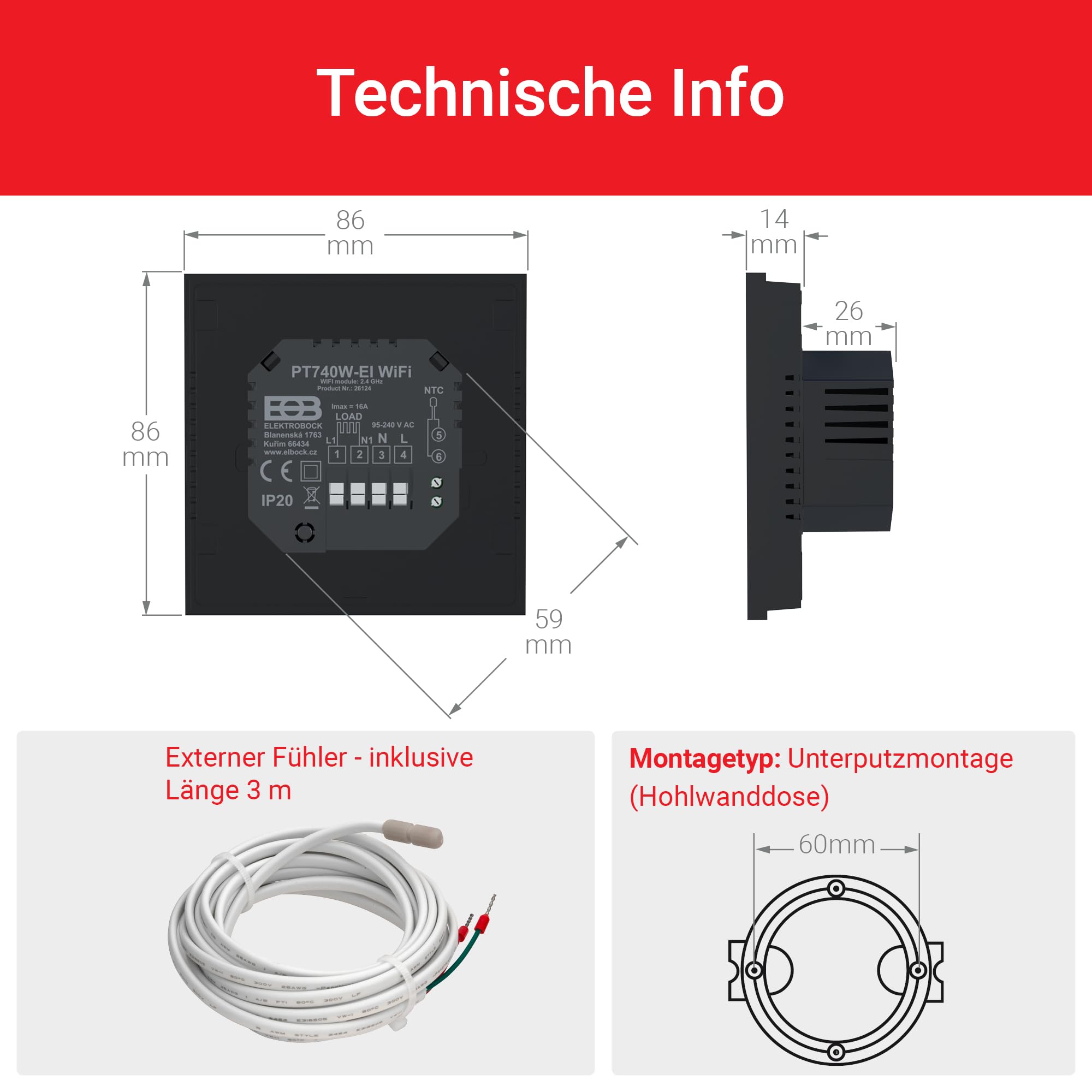 Elektrobock PT740B-EI - Termostato intelligente per riscaldamento a pavimento e riscaldamento elettrico, 6 programmi/giorno, rilevamento di geofencing e finestre, 230 V, 16 A